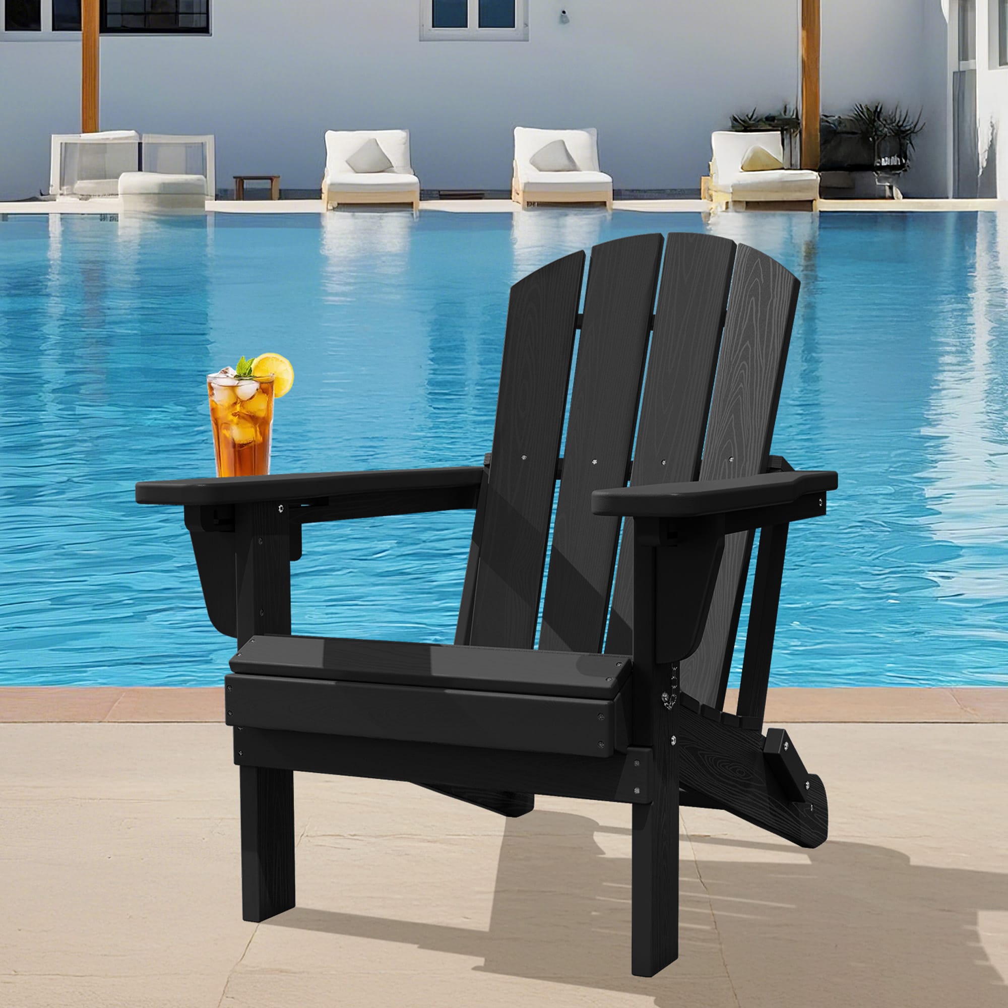 JEAREY PECGTJY-BK HDPE Patio Folding Adirondack Chair with Cup Holder Black HDPE Frame Stationary Adirondack Chair with Slat Seat
