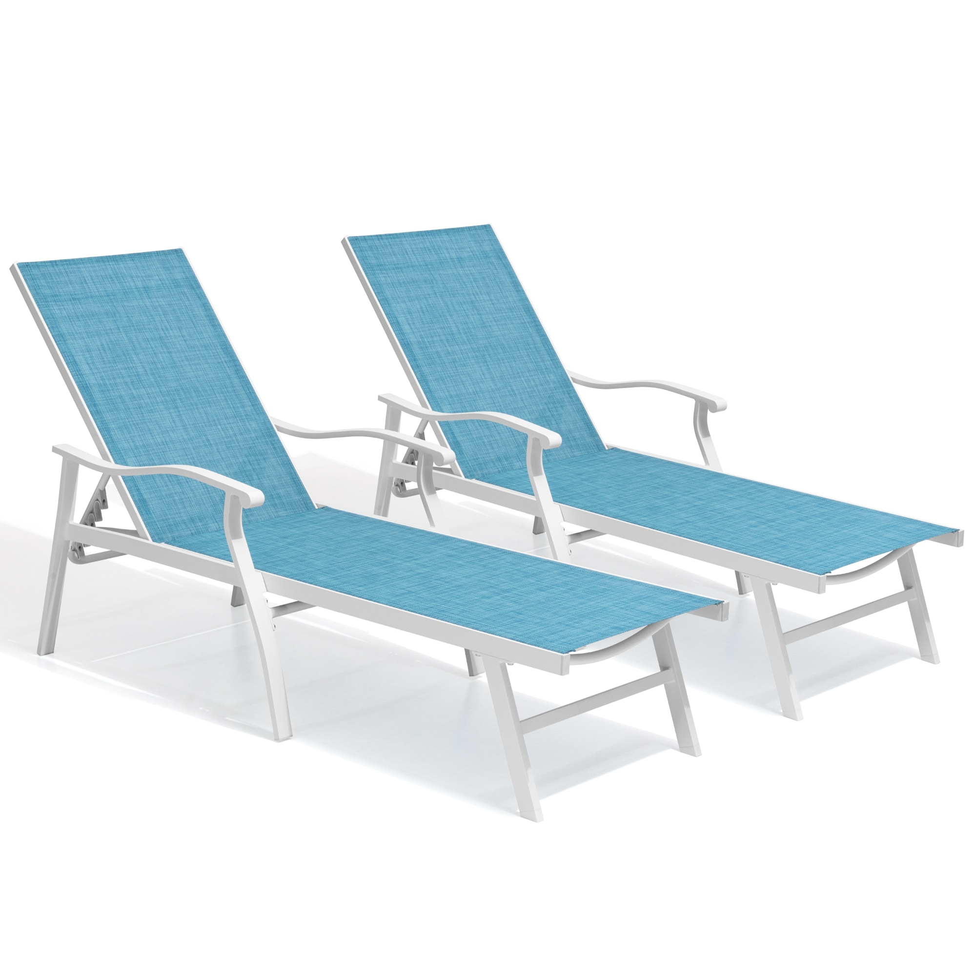 Crestlive Products CL-LG008BLU-2PC 2 pc outdoor lounge chair Set of 2 White Aluminum Frame Stationary Chaise Lounge Chair with Blue Mesh Seat