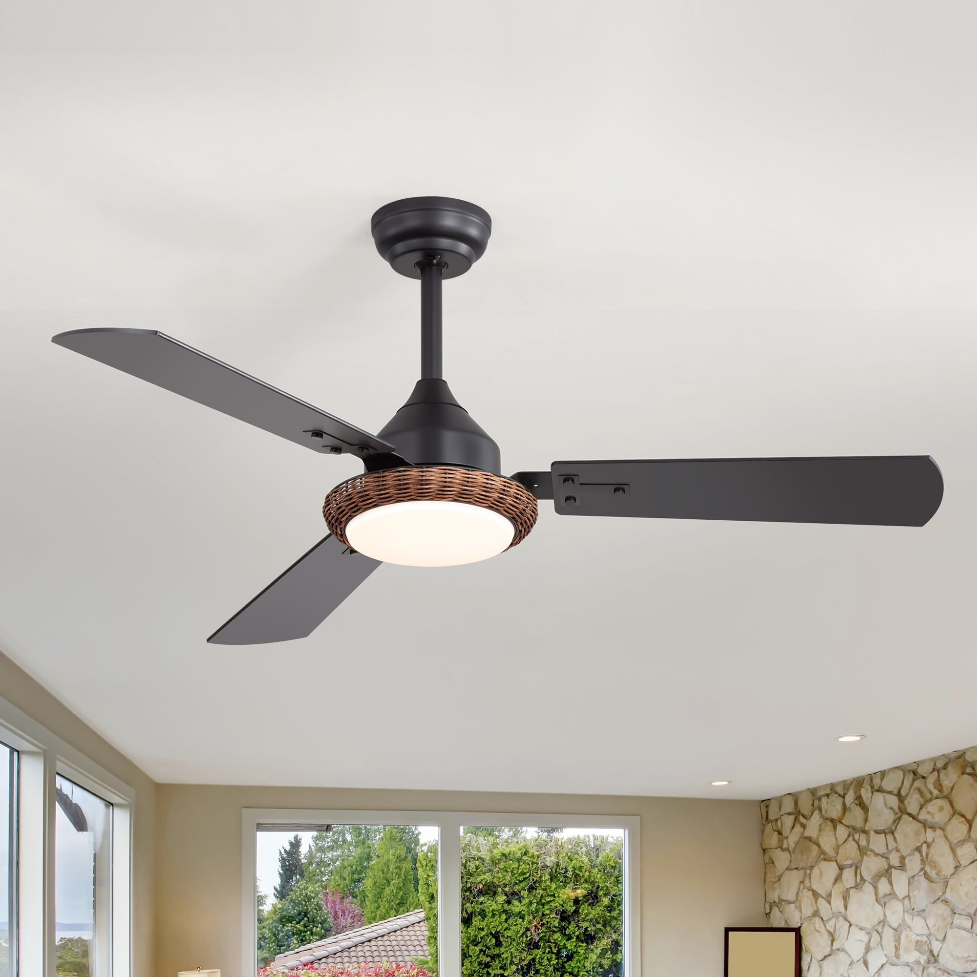 Breezary 35062-BK 48-in Color-Changing Integrated LED Matte Black with Black and Dark Brown Blades Ceiling Fan With Light - Remote Included ( 3 -Blade )
