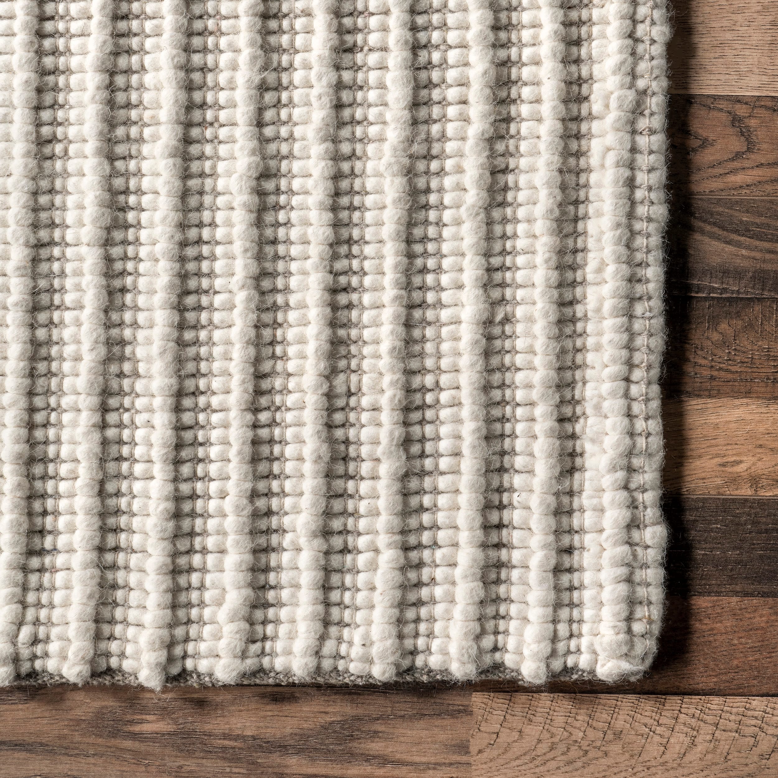 Ivory High-Low Striped Wool and Cotton Area Rug, 5' x 8'