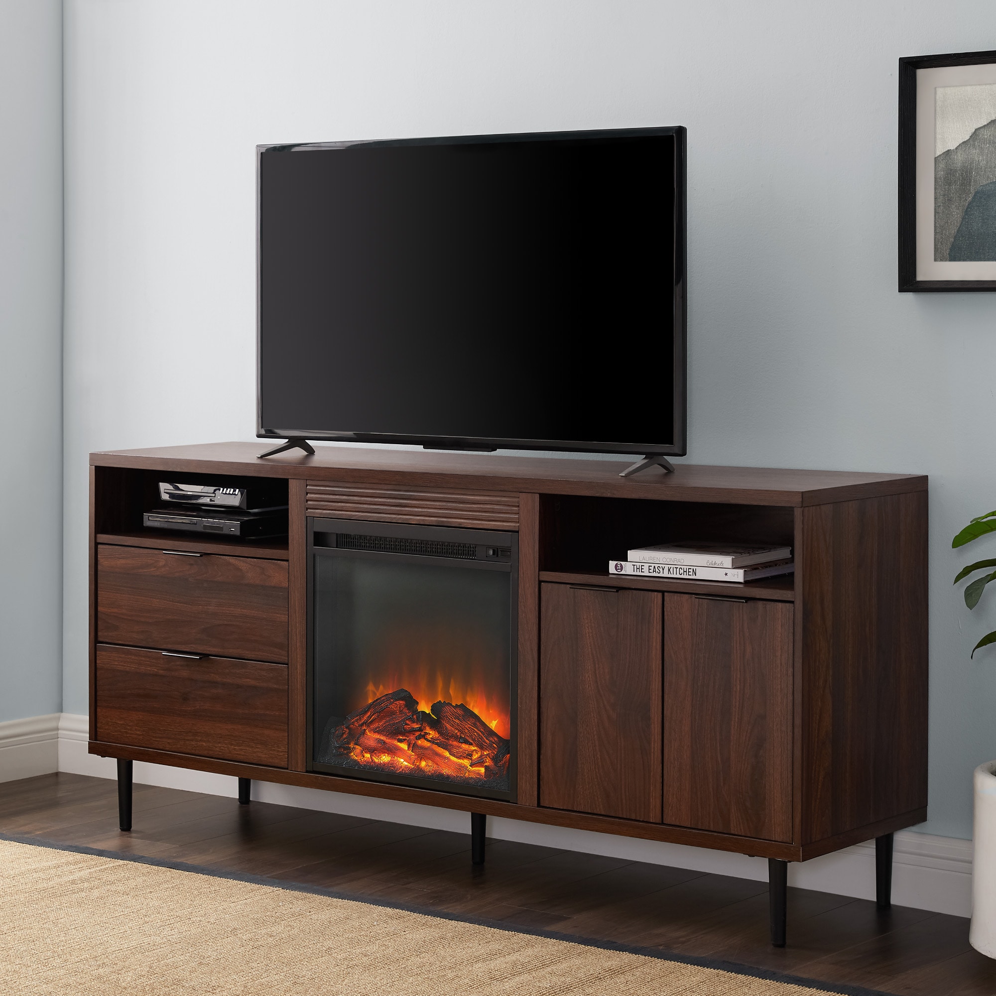 Walker Edison LW60FPRTHDW 60-Inches W Dark Walnut TV Stand with LED Flat wall Electric Fireplace