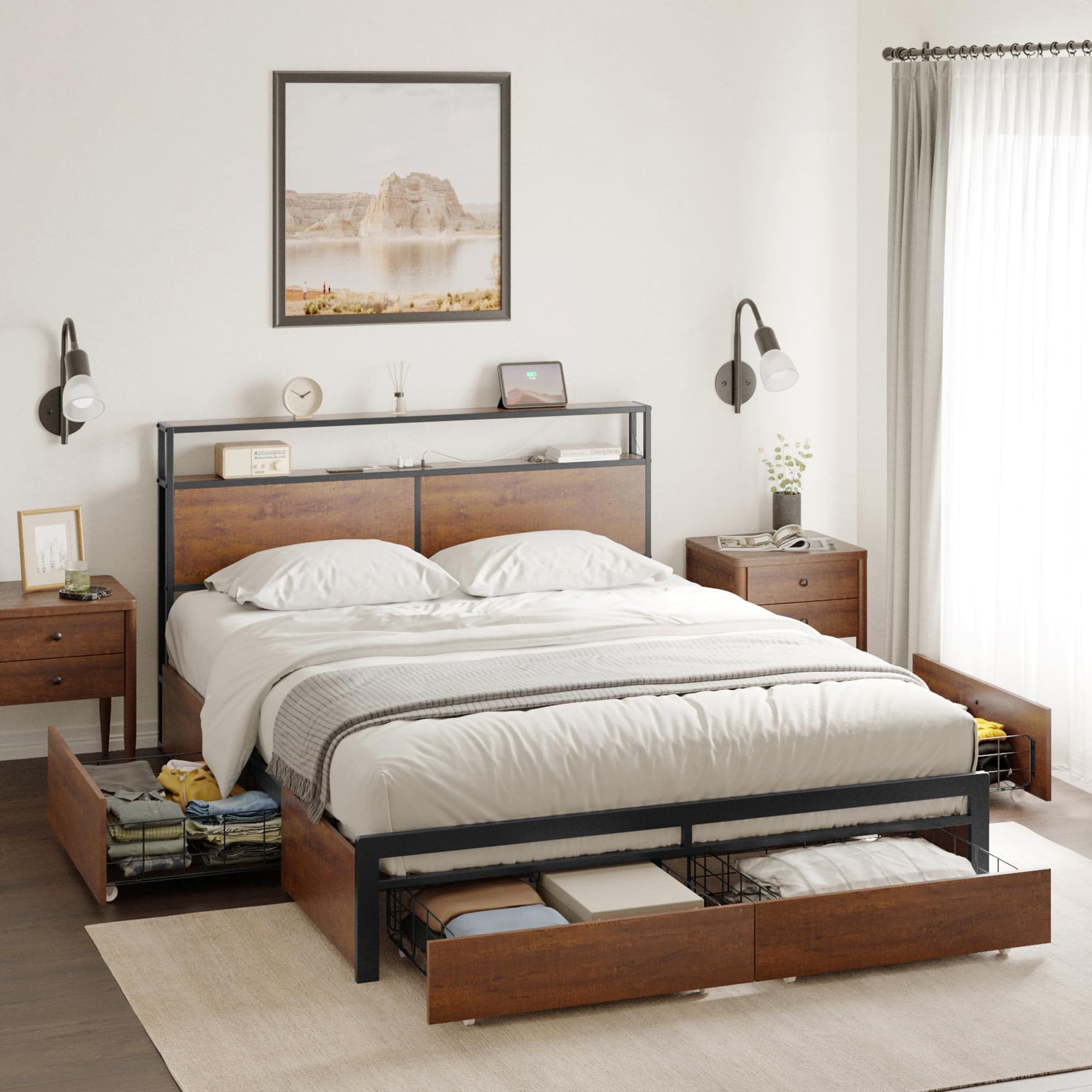 HAUSOURCE HB001 Queen Bed Frame with Storage Headboard and 4 Drawers LED Lights Platform Bed No Box Spring Needed - Brown