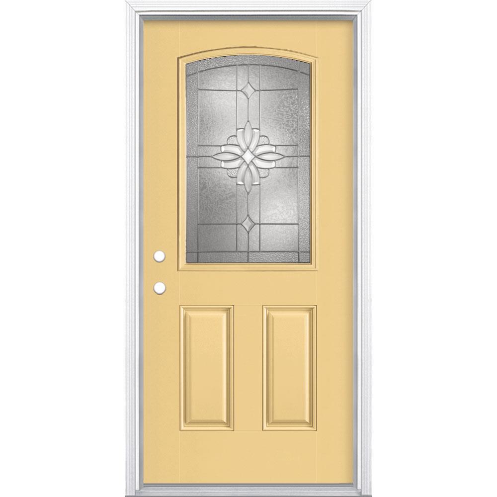Masonite 997541 Laurel 36-in x 80-in Fiberglass Half Lite Right-Hand Inswing Cabana Yellow Painted Single Front Door with Brickmould Insulating Core