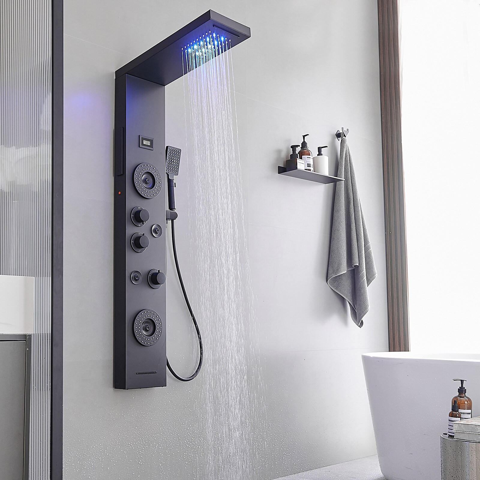 Bwe Matte Black 8-in Waterfall Shower Panel System With 5-way Diverter 