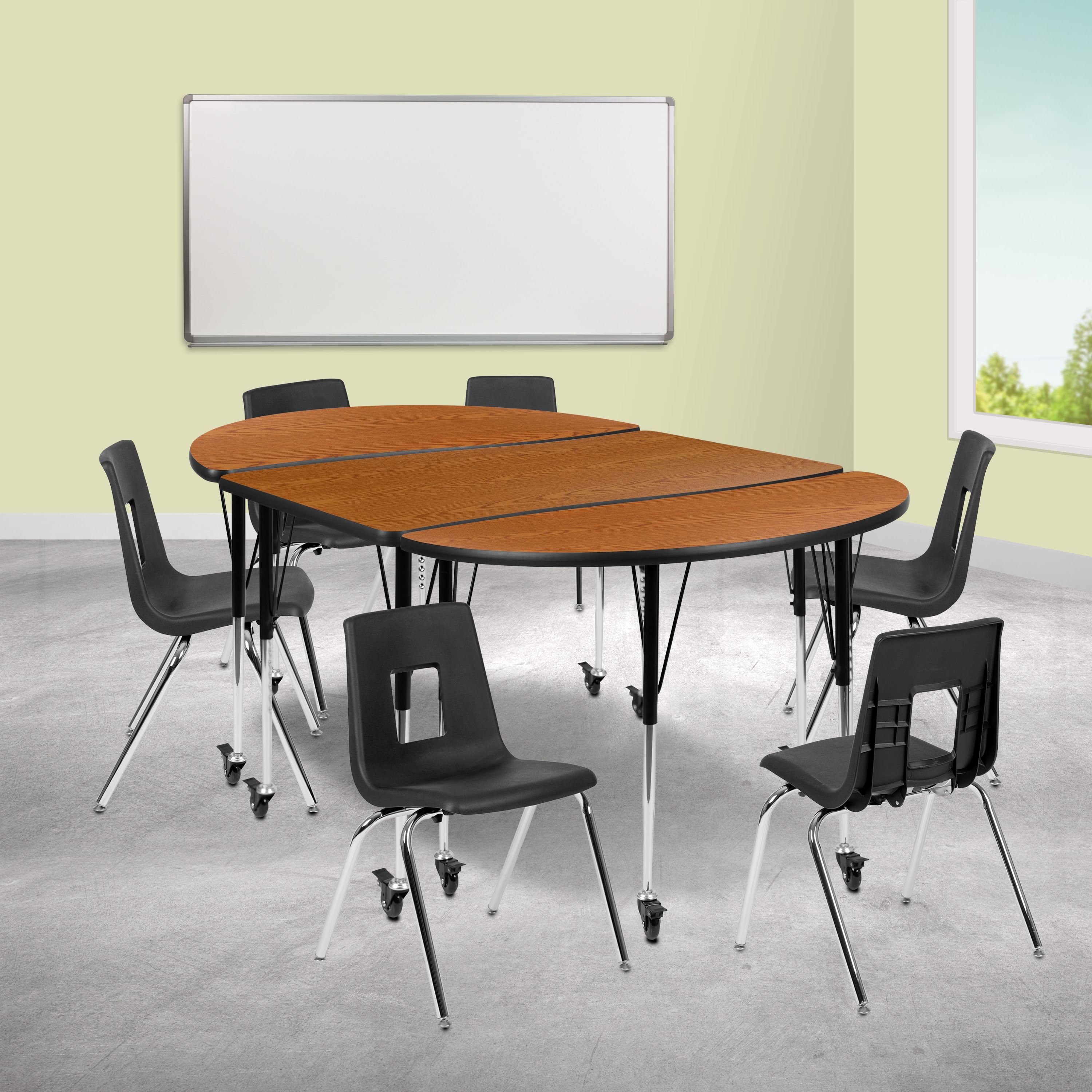 Flash Furniture 889142933052 Emmy Mobile 76-in Oval Wave Flexible Laminate Activity Table Set with 18-in Student Stack Chairs; Oak/Black