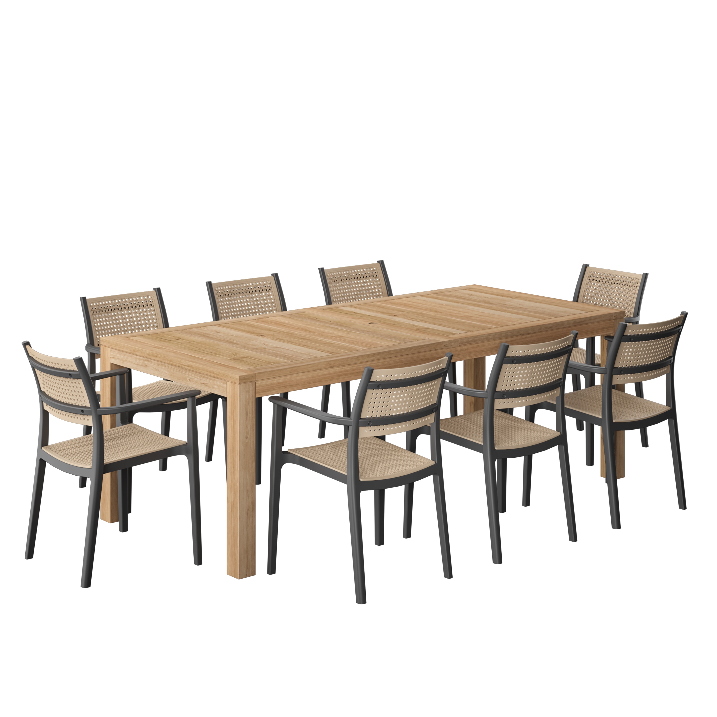 Amazonia LWS-RINBIG-8-ARU BK 9 -Piece Teak Patio Dining Set Wood Rectangle Table with 8 Stackable Stationary and Motion Chairs