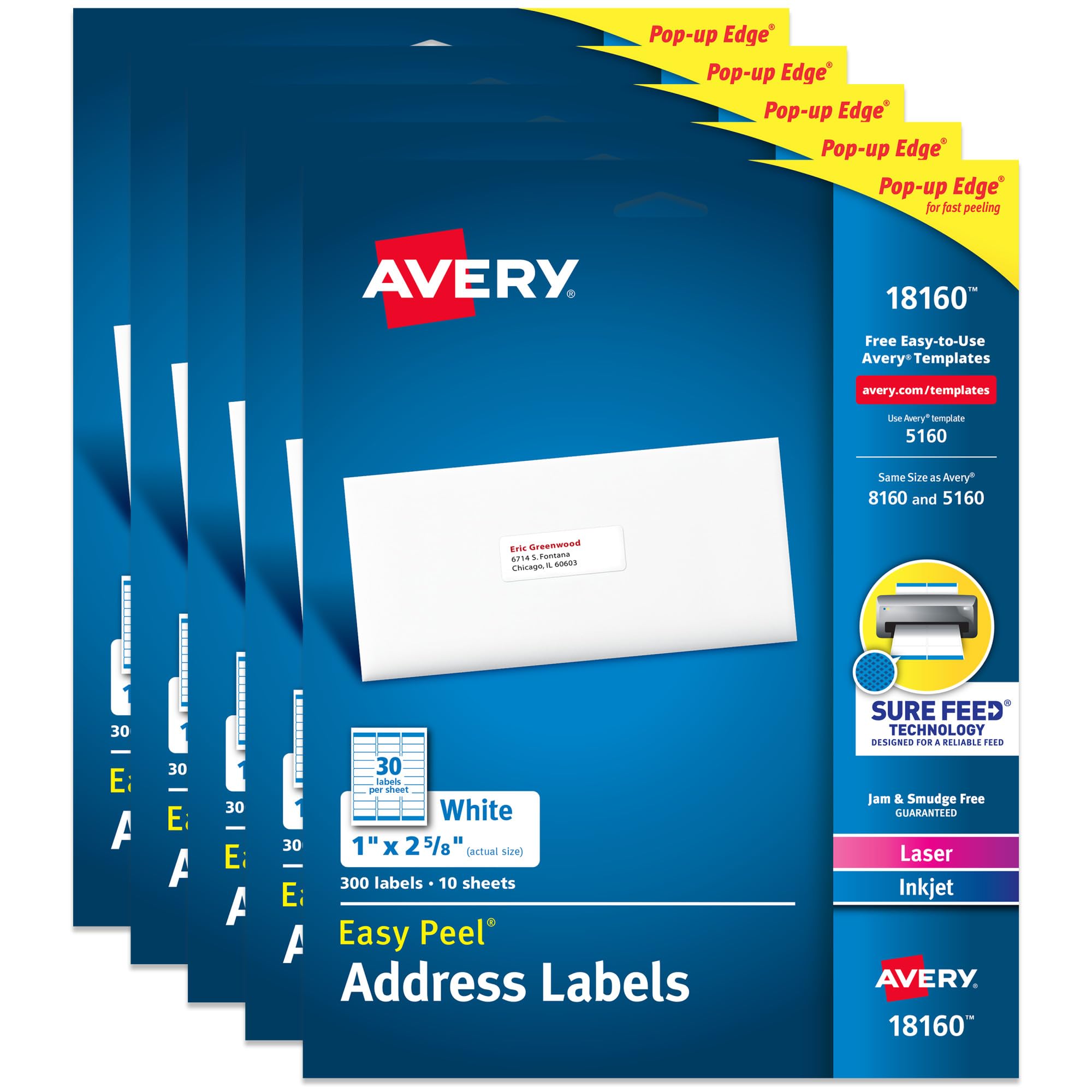 Avery  Easy Peel Printable Address Labels with Sure Feed 1 x 2-5/8 White 300 Labels per Pack 5-Pack Model 18160