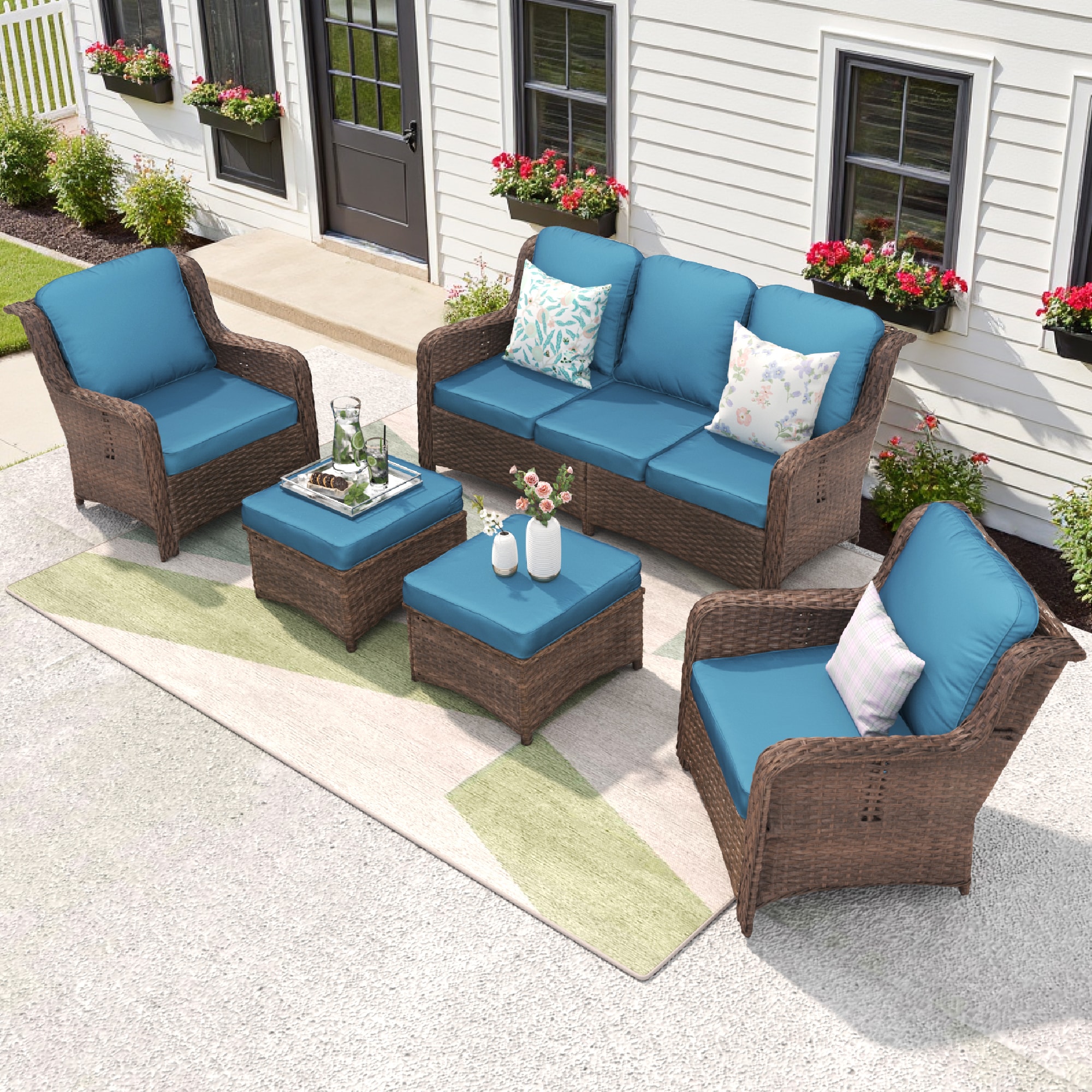 nicesure SLBK6012CZ4A1033RC 5 -Piece Rattan Patio Sofa Conversation Set with Blue Cushions