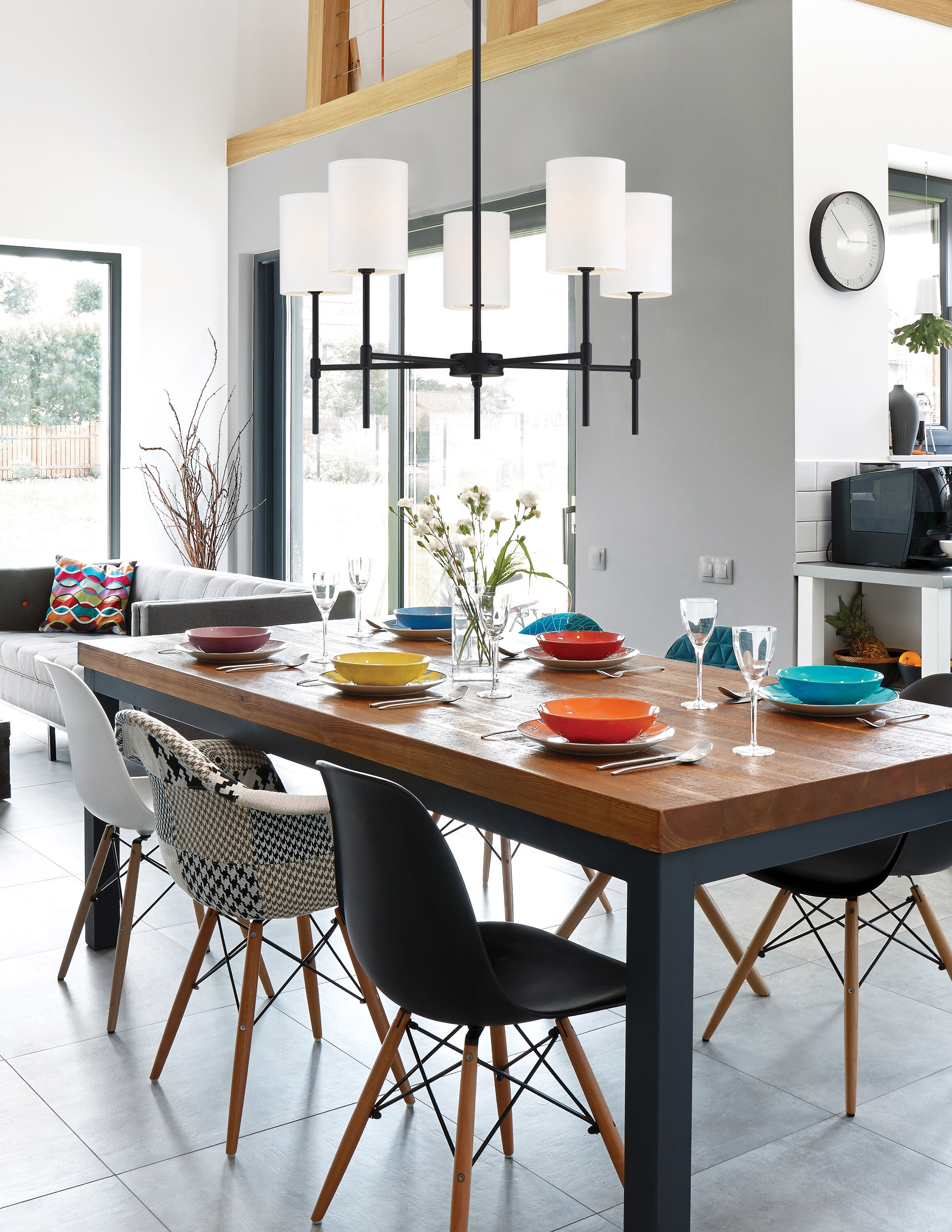 Matte Black and White Fabric 5-Light Chandelier