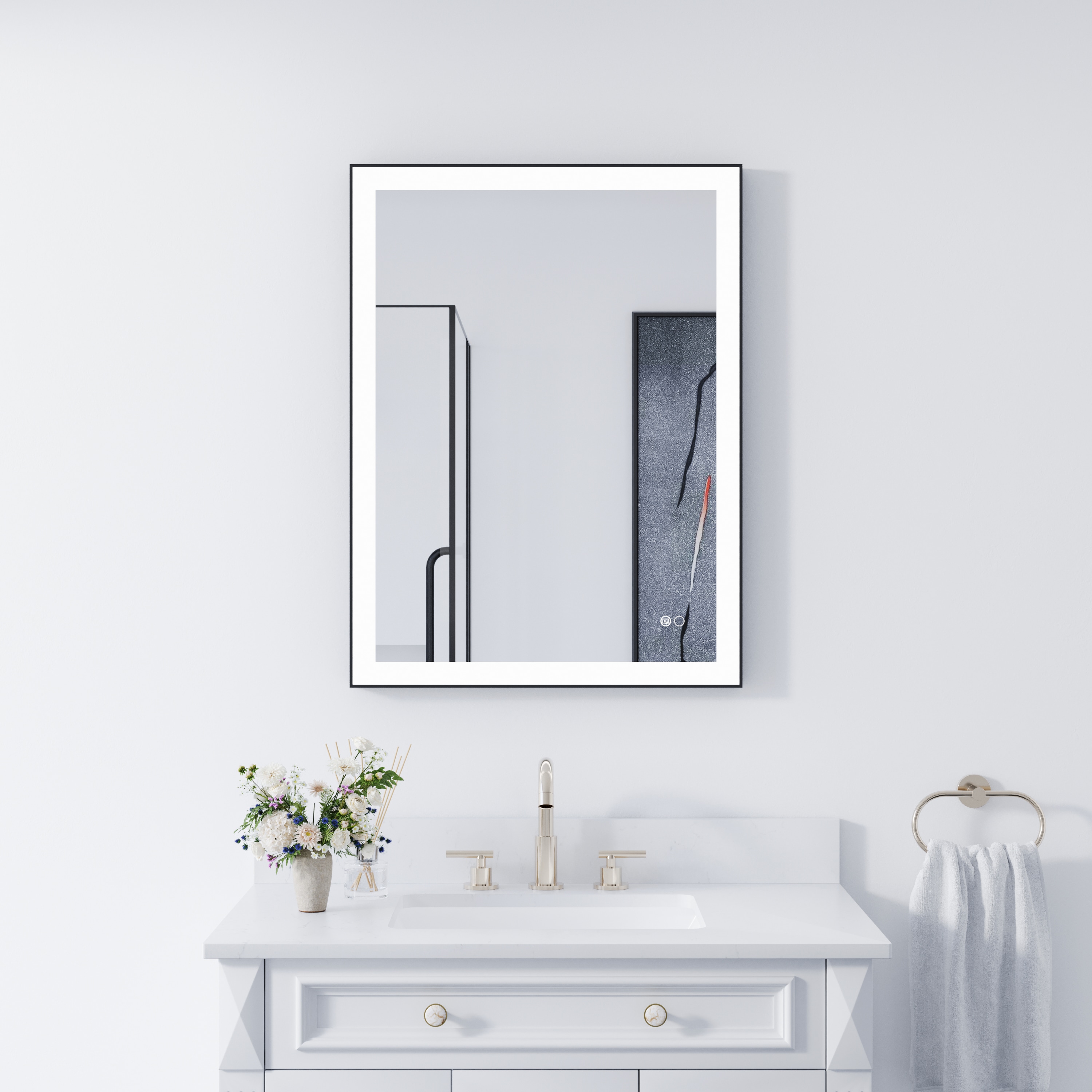 CALVON HML2432BL LED Mirror 24-in x 32-in Framed Rectangle Dimmable LED Lighted Fog Free Bathroom Vanity Mirror ( Matte Black )