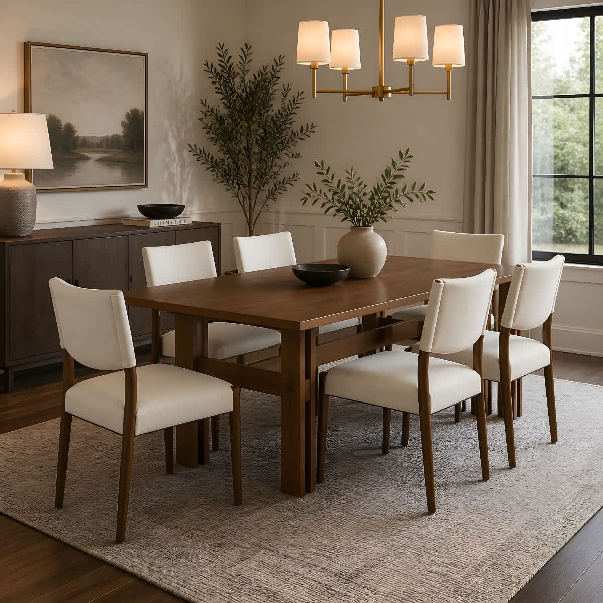 Coolbibila 7 Piece Farmhouse Dining Set with 71 Inch Table Rubberwood Frame Chairs with Beige Cushions