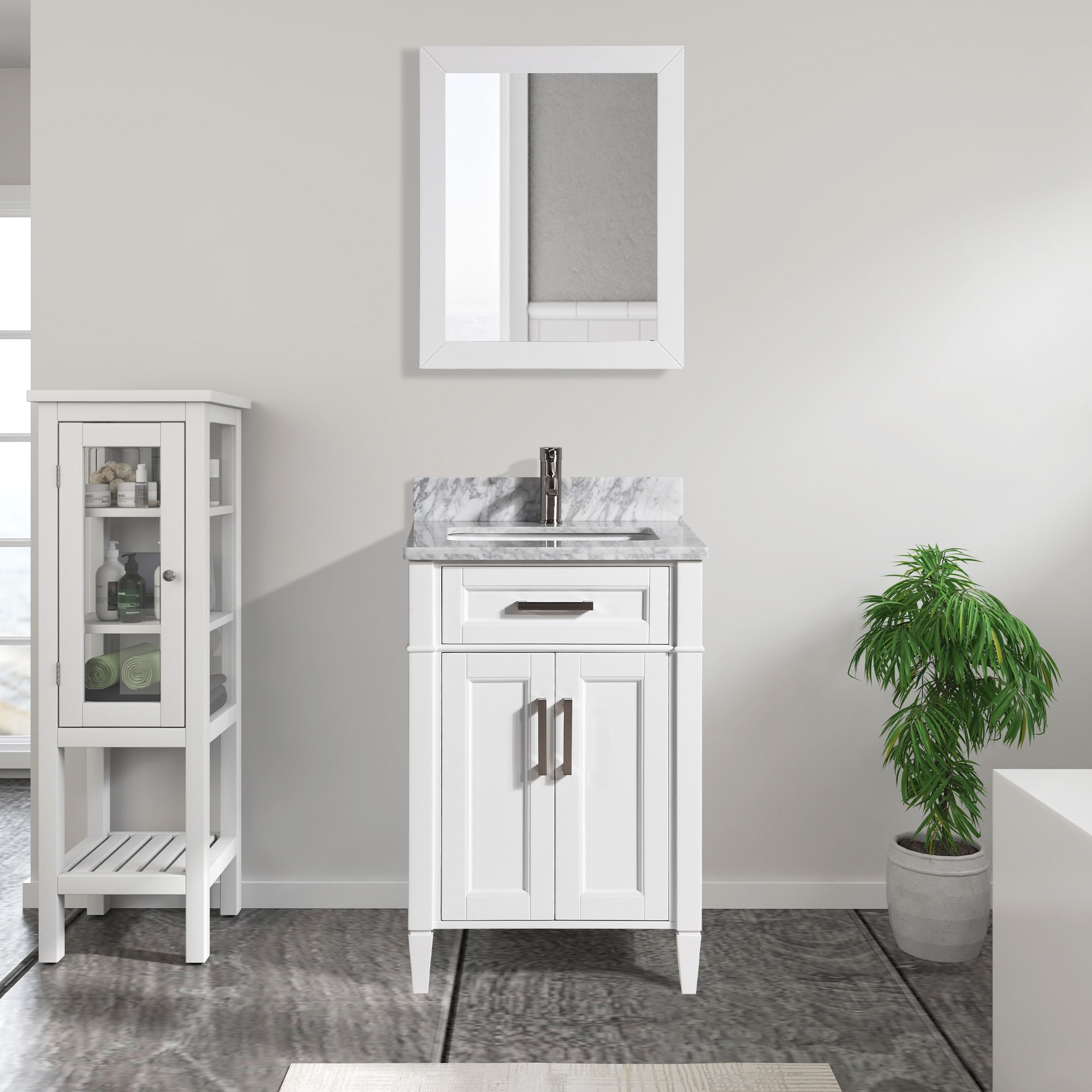 Vanity Art VA2024-W Savona 24-in White Undermount Single sink Bathroom Vanity with White with Grey Veining Marble Top (Mirror Included)