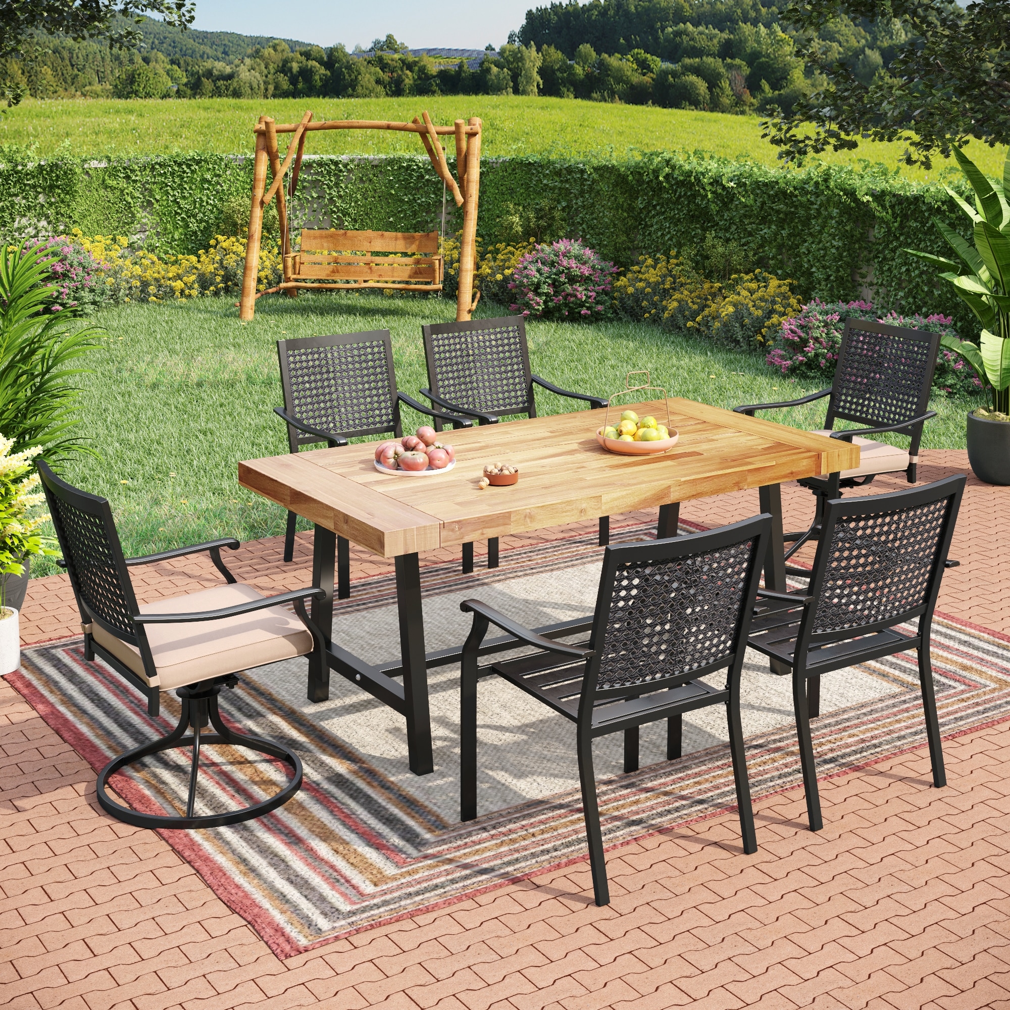 Sunshine Valley TC7-136-305-N Outdoor Table and Chairs 7 -Piece Black Patio Dining Set Wood Rectangle Table with 6 Beige Cushions Stackable Stationary Chairs