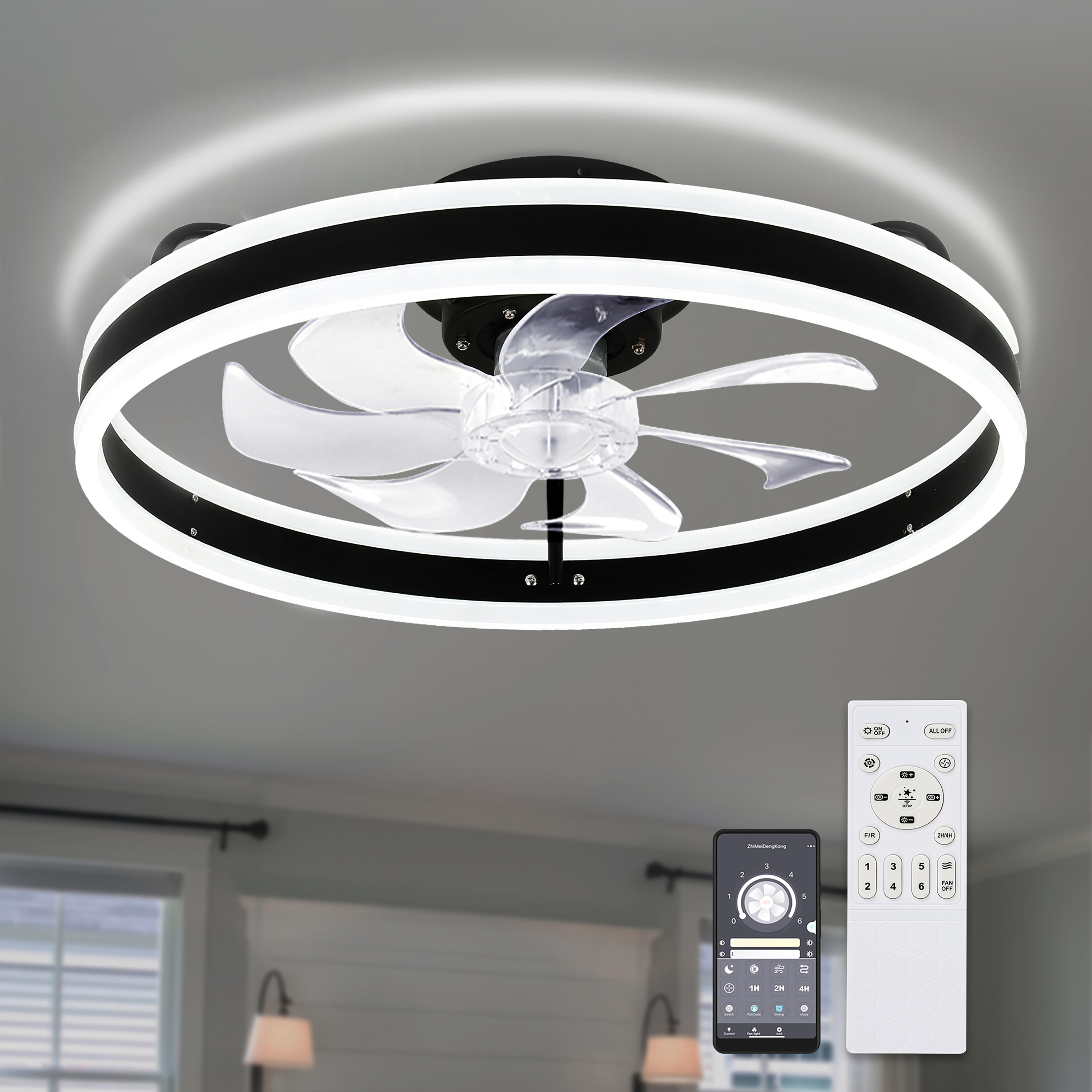 Cusp Barn DC2002 20-in Black Color-changing Indoor Flush Mount Smart Ceiling Fan with Light and Remote (7-Blade) DC2002 Sansujyuku sansujyuku.com