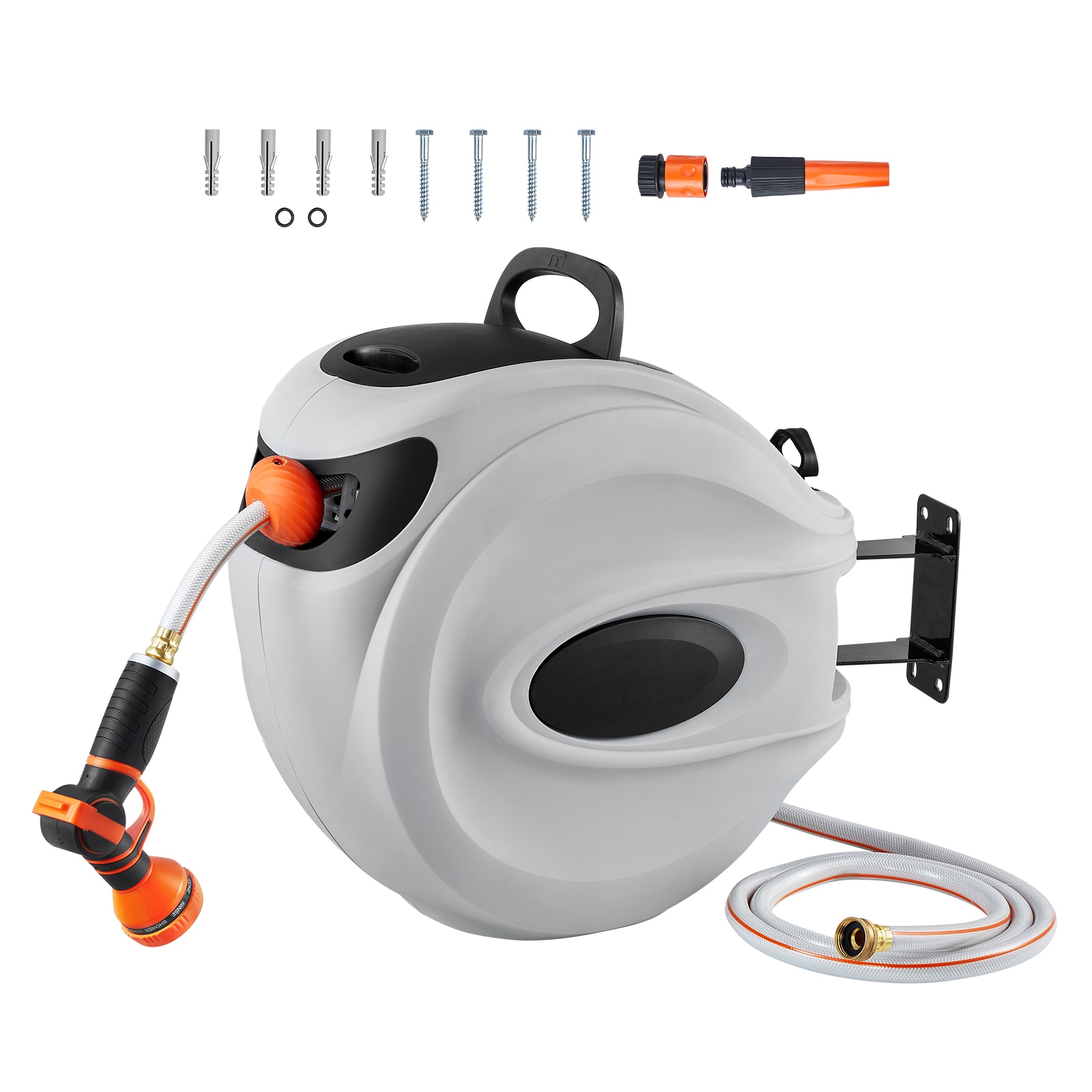 VEVOR SCKSSJGQHTSH01730V0 Retractable Hose Reel  84 ft x 5/8 inch  180° Swivel Bracket Wall-Mounted  Garden Water Hose Reel with 9-Pattern Nozzle  Automatic Rewind  Lock at Any Length  and Slow Return System