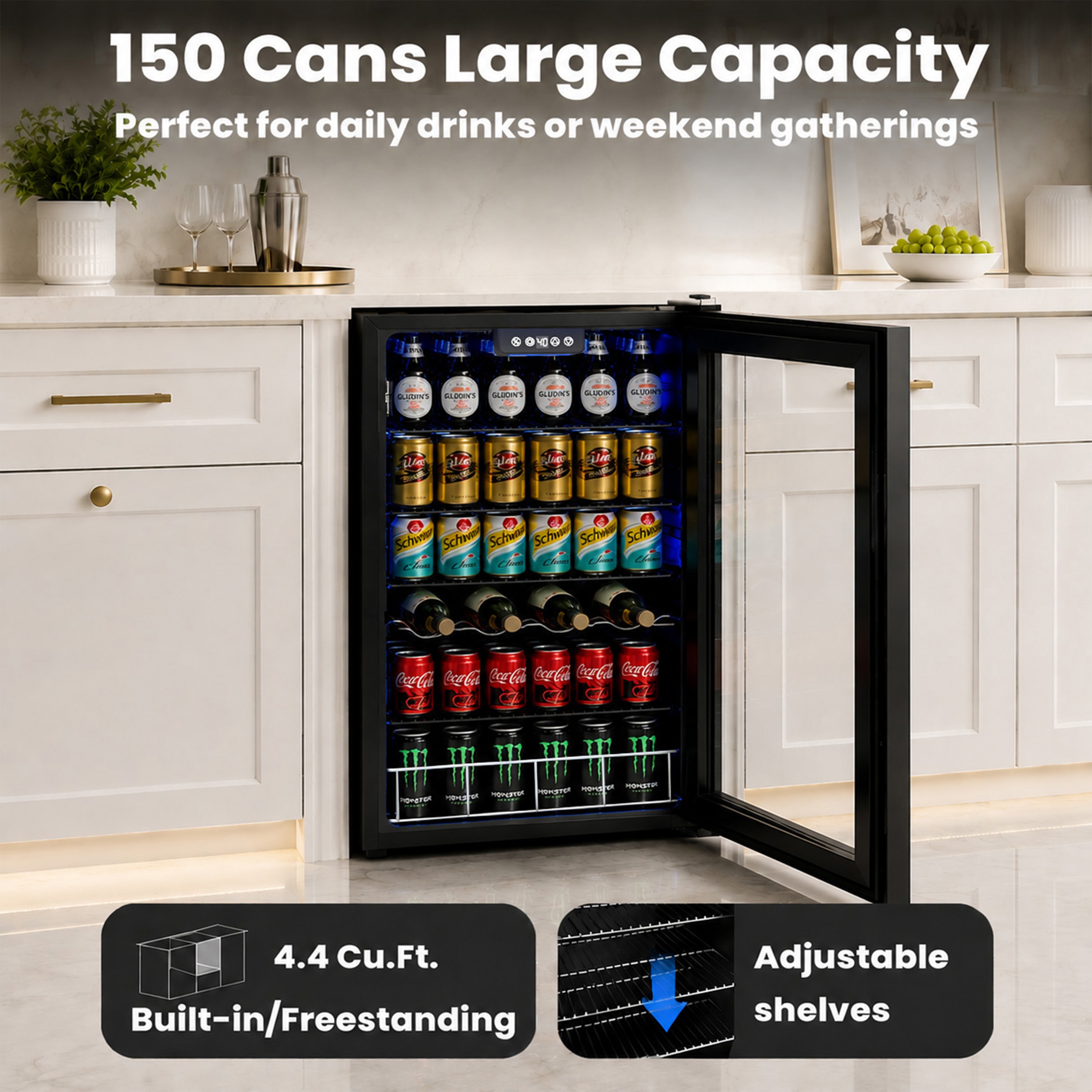 Anlicho 17.72 in. Single Zone 150-Cans Freestanding/Countertop Beverage Refrigerator Cooler in Black with Adjustable Shelves / 39-61F Temp control / LED Light Sansujyuku sansujyuku.com