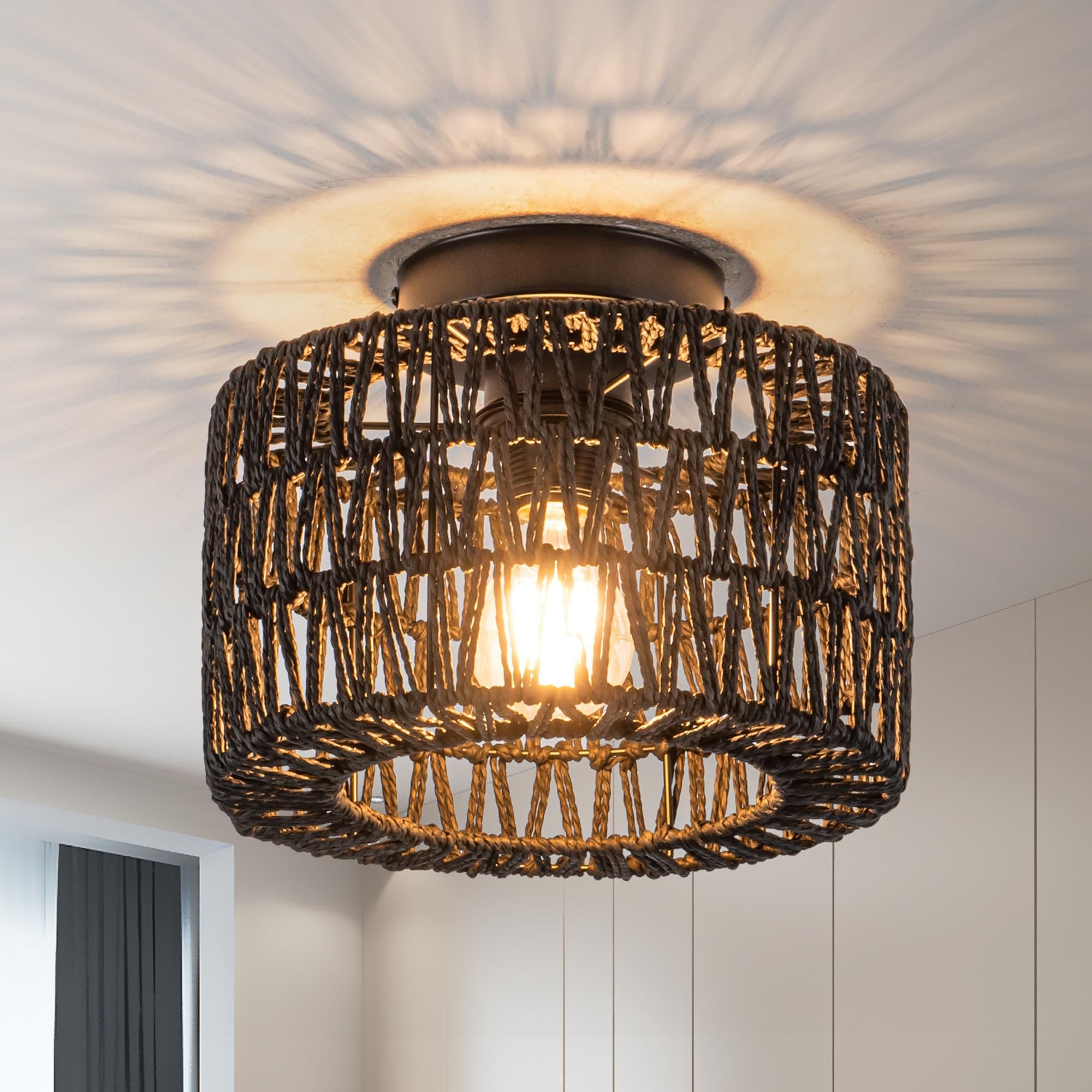 AOIZGMY  Rattan Ceiling Light Single Light Farmhouse Woven Flush Mount Boho Light Fixture for Bedroom Living Room Hallway Entryway Black Finish
