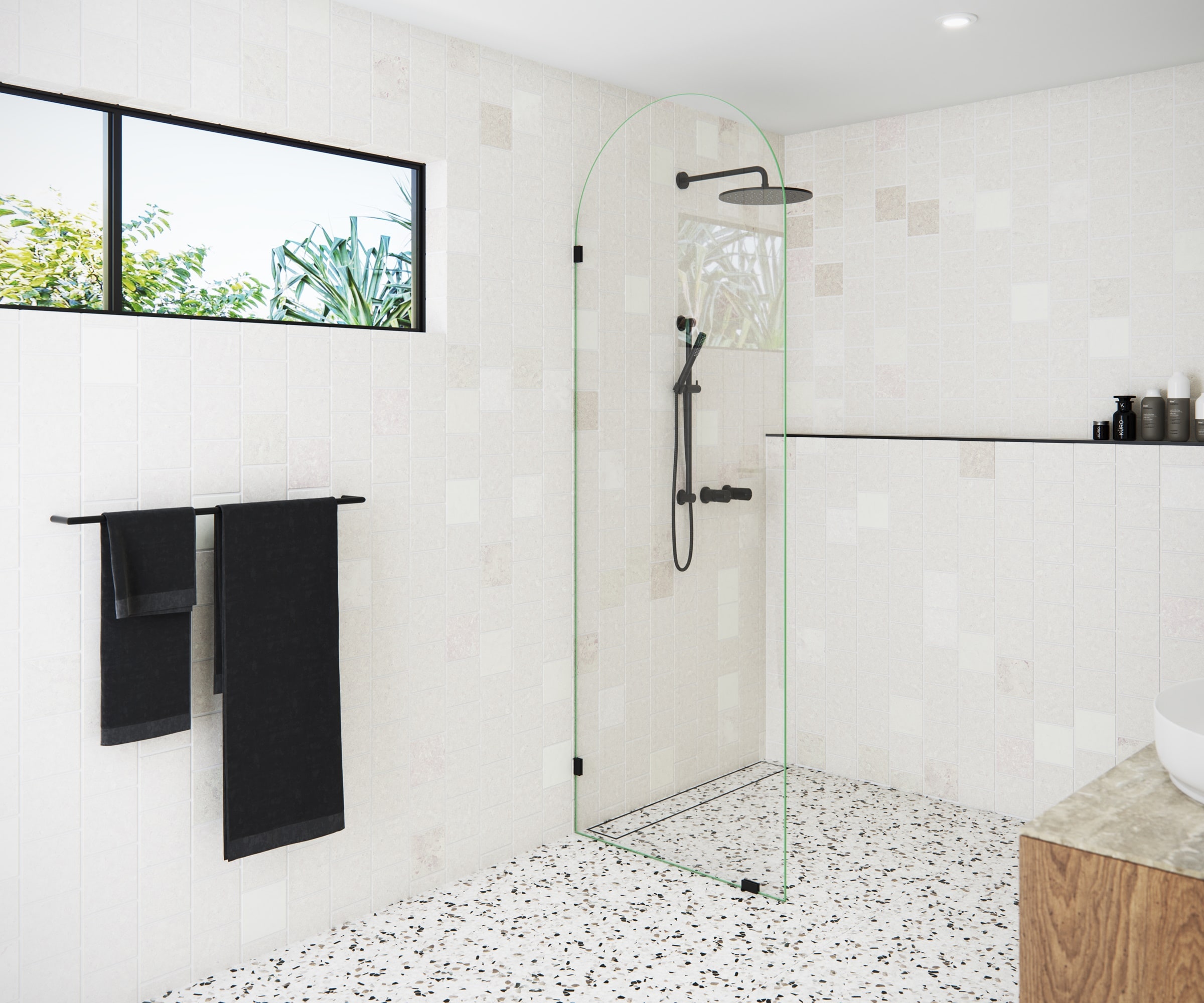 Venus 30 in. x 86.75 in. Fully Frameless Arched Single Fixed Shower Panel