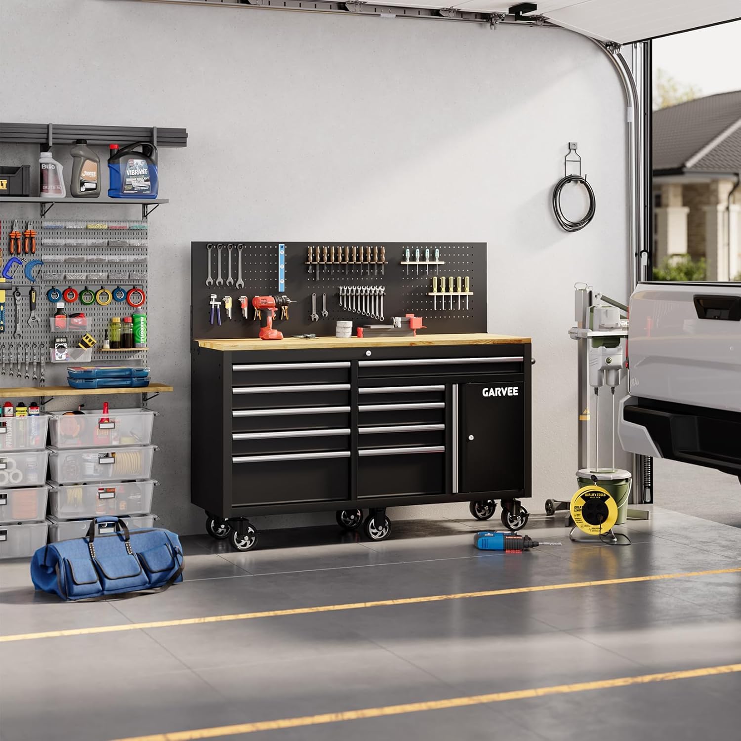 GAOMON 60 In Rolling Tool Chest with 10 Drawers and Pegboard Mobile Garage Cabinet with Lockable Storage and Built-In Charging Station Heavy-Duty Workbench Black Sansujyuku sansujyuku.com