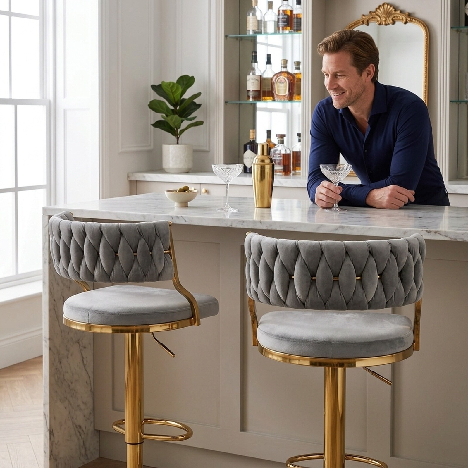 SUGIFT Swivel Bar Stools Set of 2 with Woven Back Adjustable Height Velvet Counter Height Stools with Gold Base 400-lb Capacity for Kitchen Island