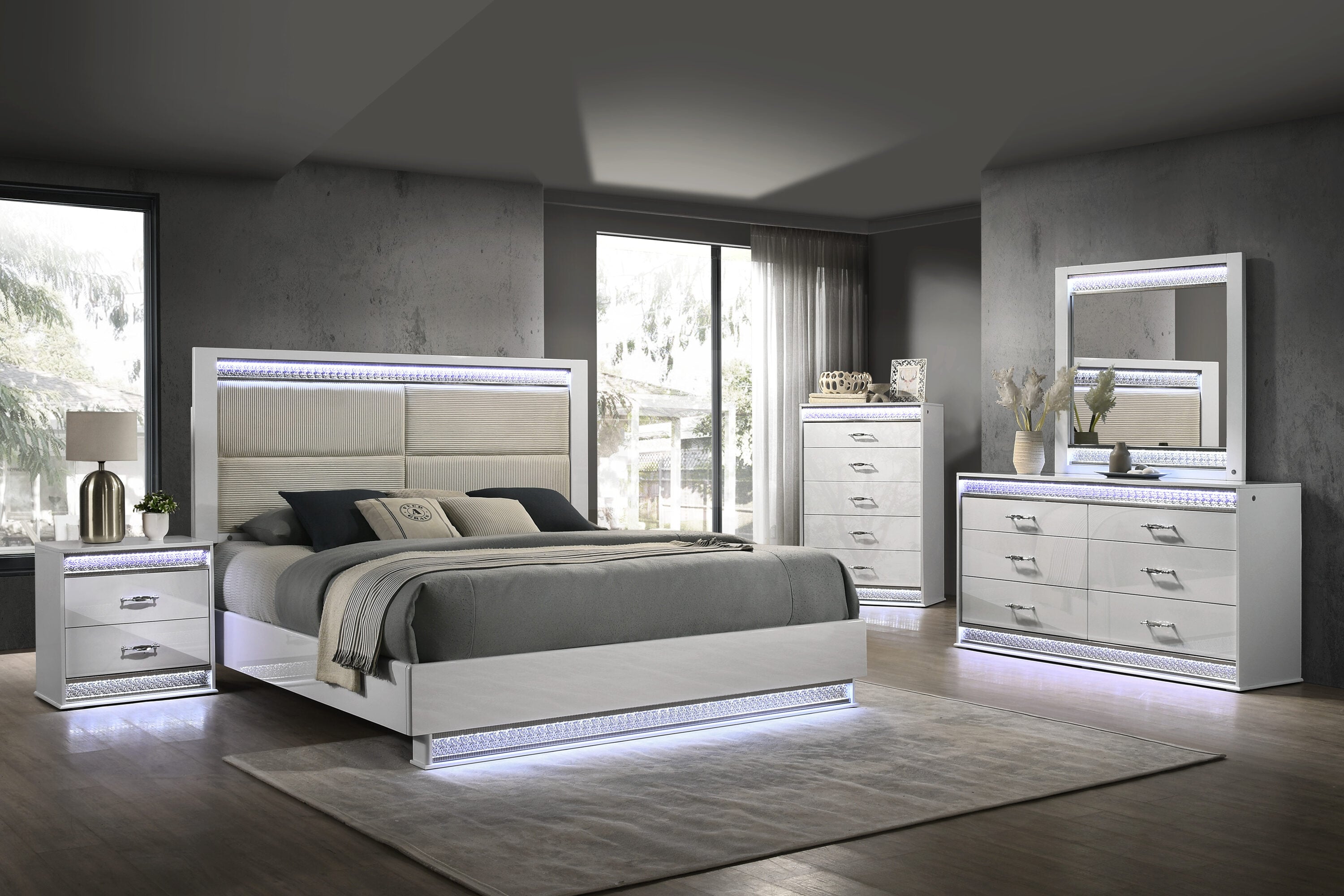 LOVMOR -  White Queen 5PCS Bedroom Set with 1xBed 1xNightstand 1xDresser 1xMirror 1xChest