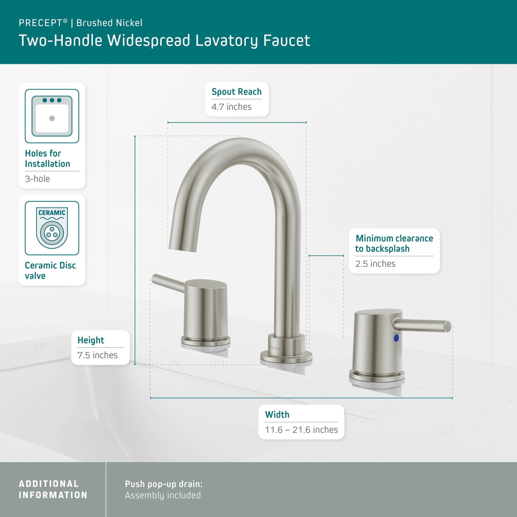 Precept Brushed Nickel Modern Two-Handle Widespread Bathroom Faucet
