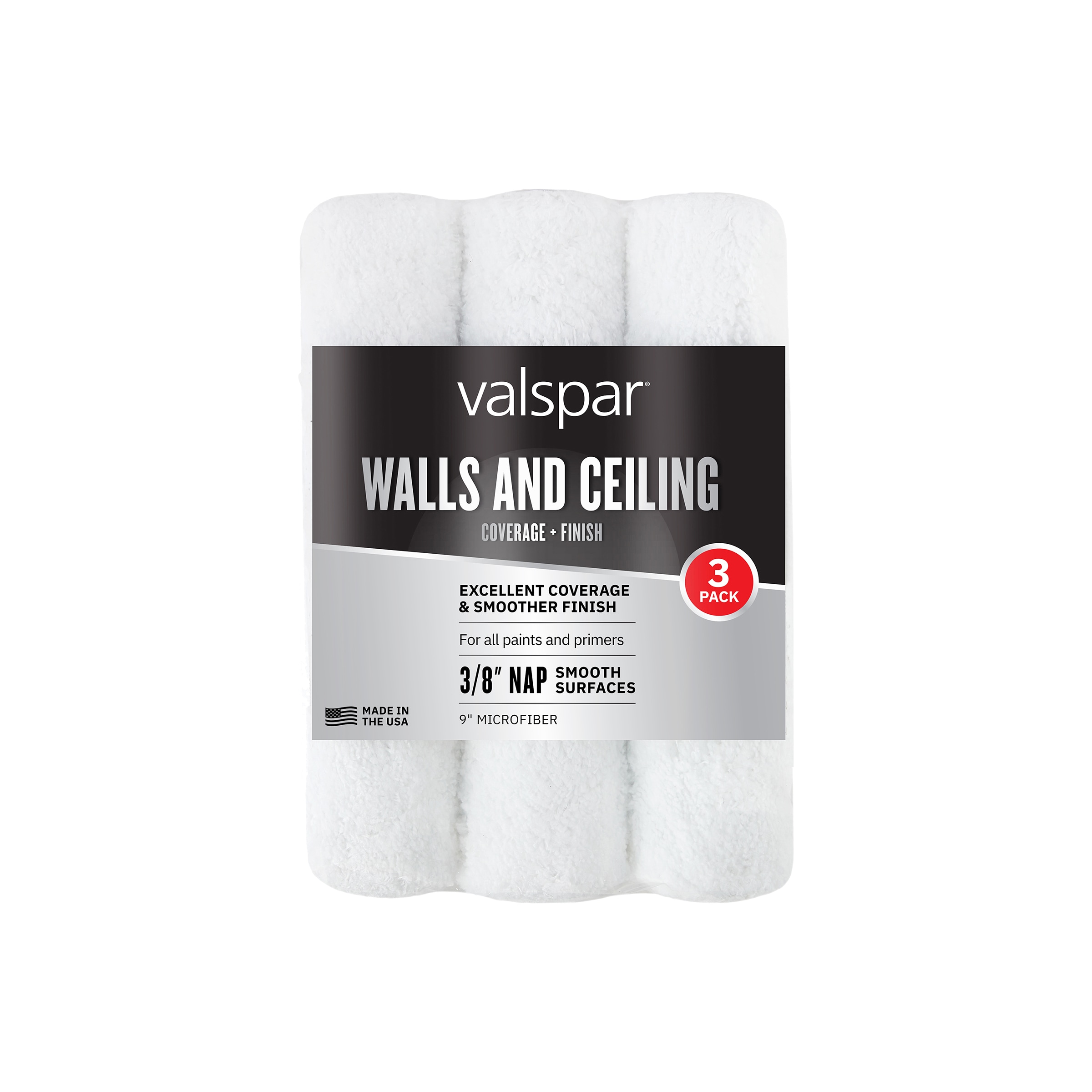 Valspar 888630930 3 -Pack 9-in x 3/8-in Nap Walls and Ceilings Standard Woven Microfiber Paint Roller Cover