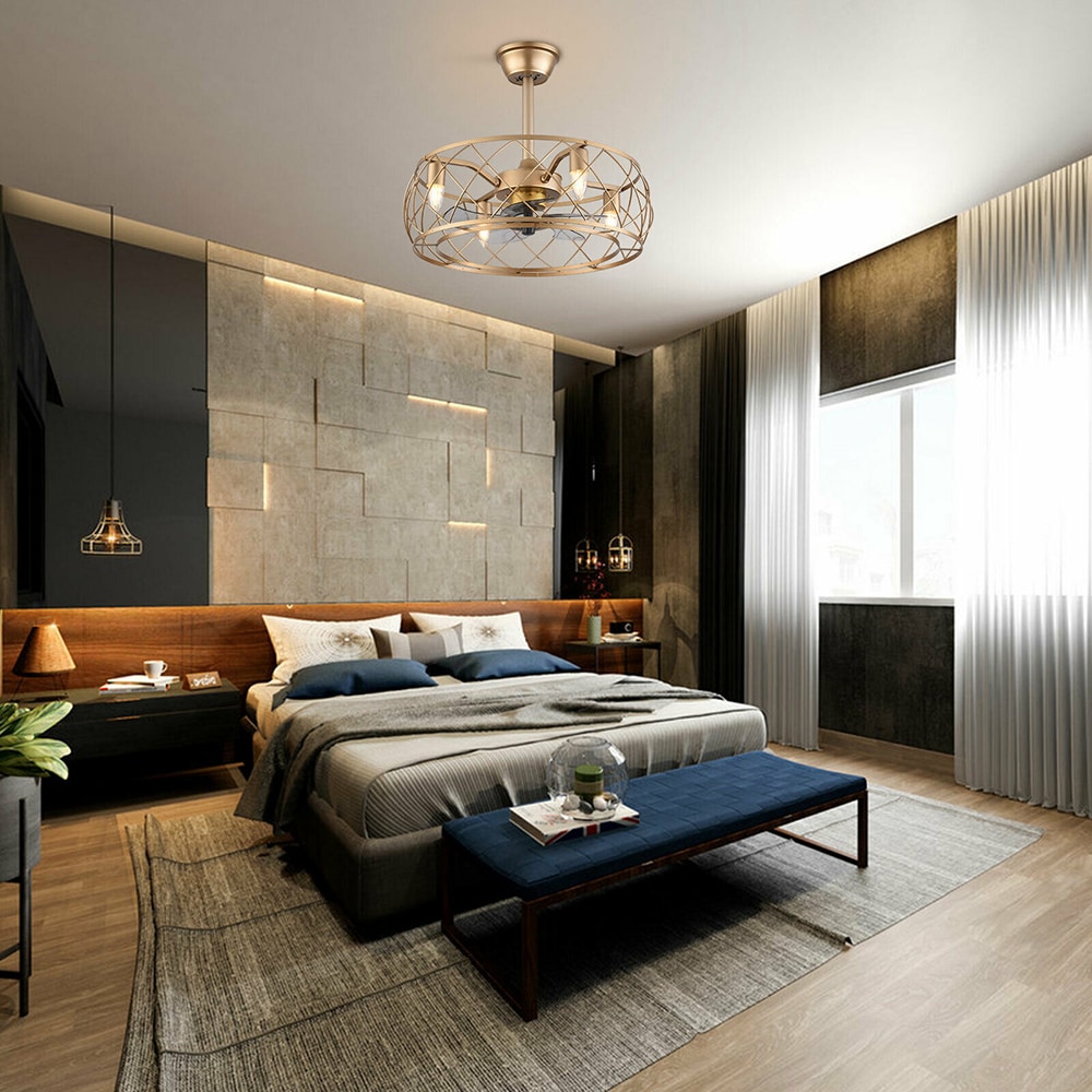 20" Gold Aluminum Caged Ceiling Fan with LED Light and Remote