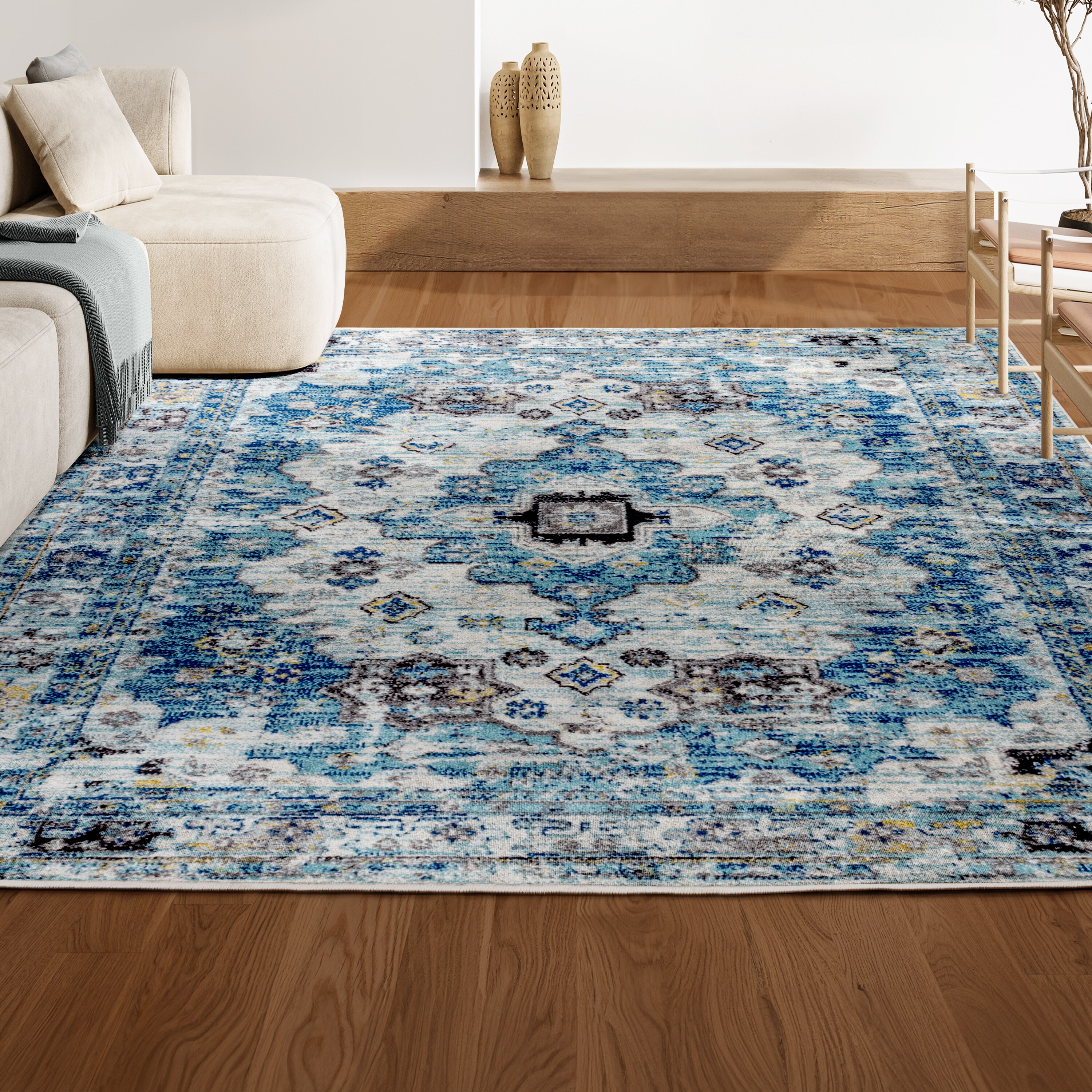 Modern Vintage Medallion Blue Synthetic 4' x 6' Area Rug