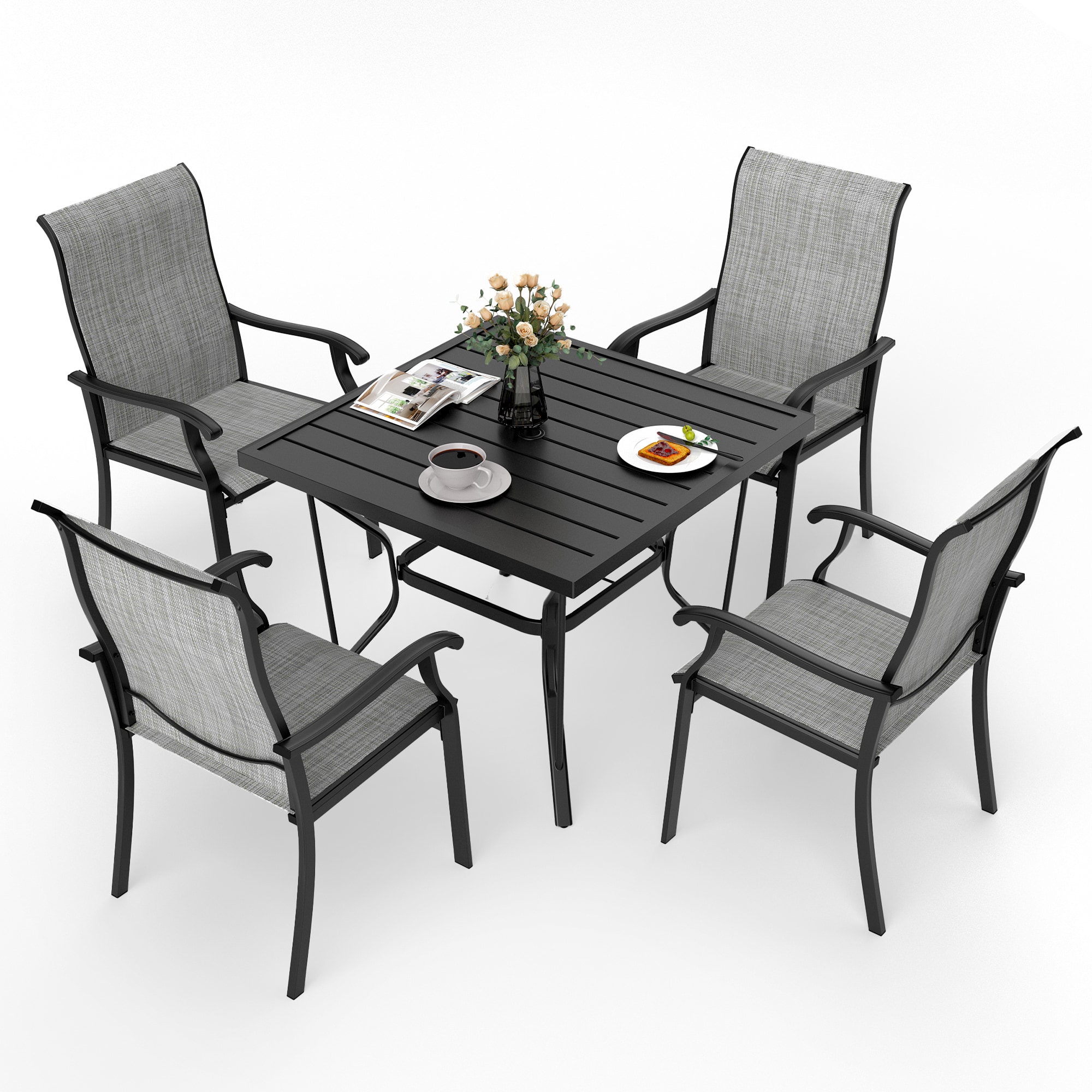 PamaPic TS-CZ-5JT-G-WL1 5 -Piece Black Patio Dining Set Iron Square Table with 4 Gray Stationary Chairs