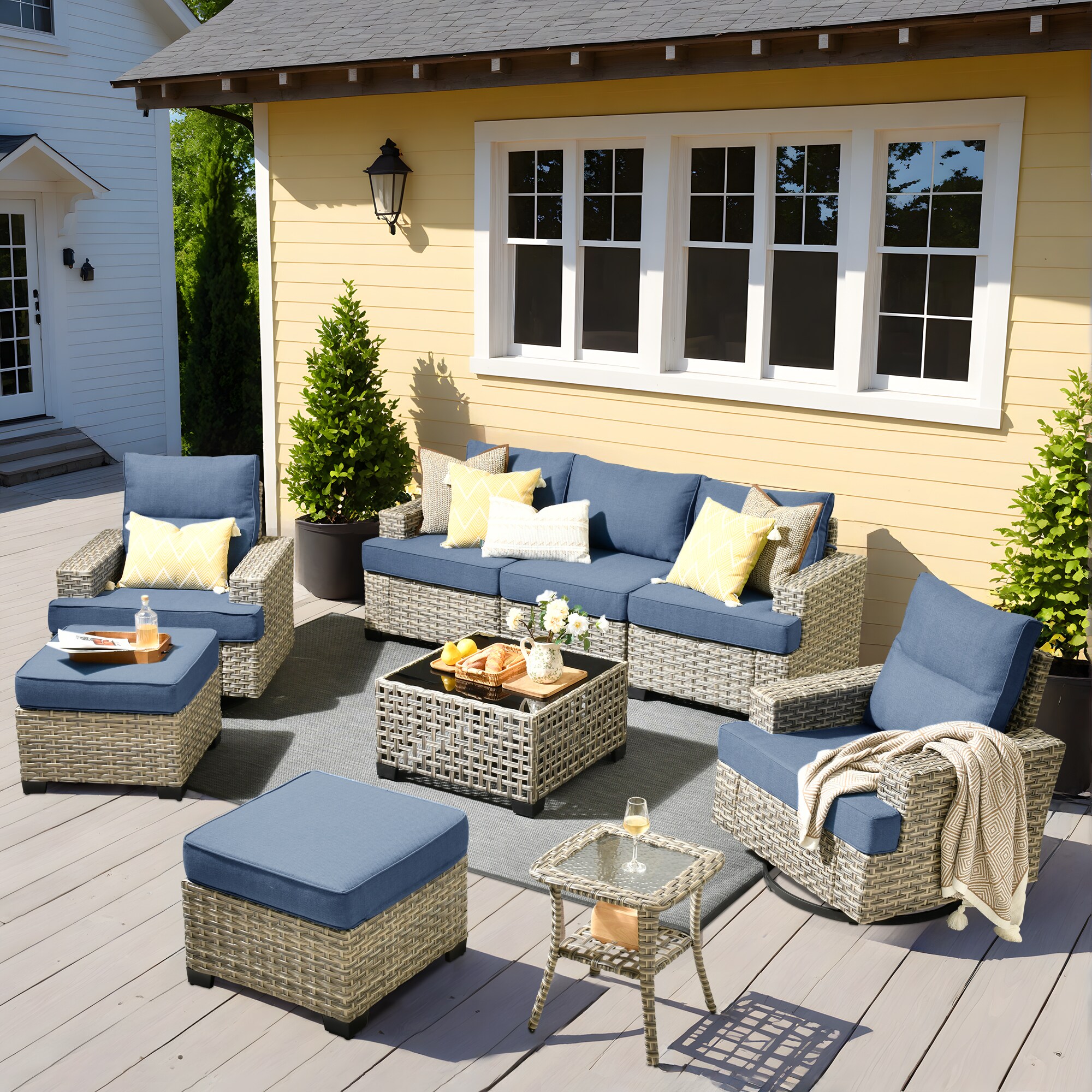 Pouuin STYZBS507 7 -Piece Wicker Patio Sofa Conversation Set with Light Blue Cushions