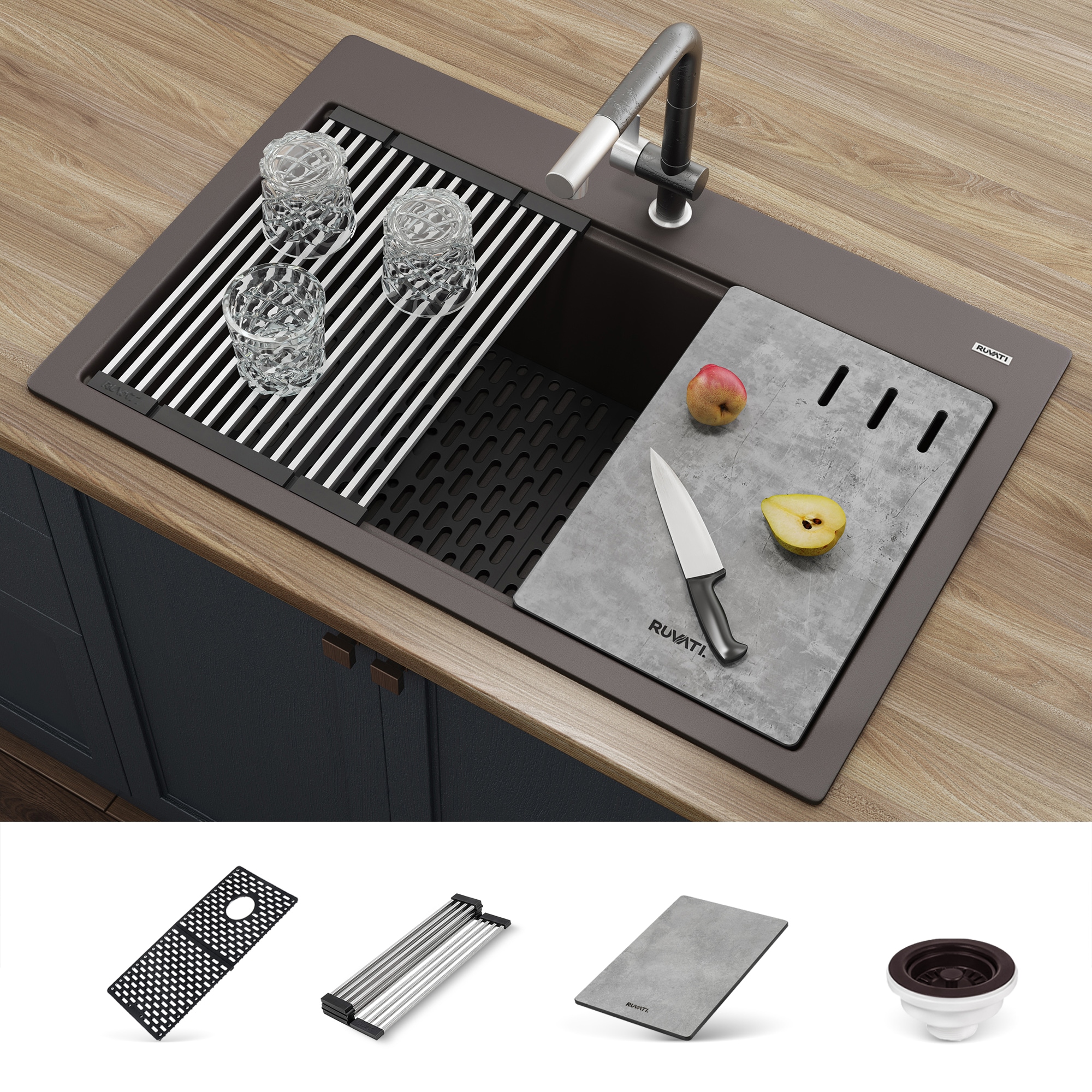Ruvati RVG1302ES epiStage Drop-in 33-in x 22-in Granite Single bowl 1-Hole Workstation Kitchen Sink