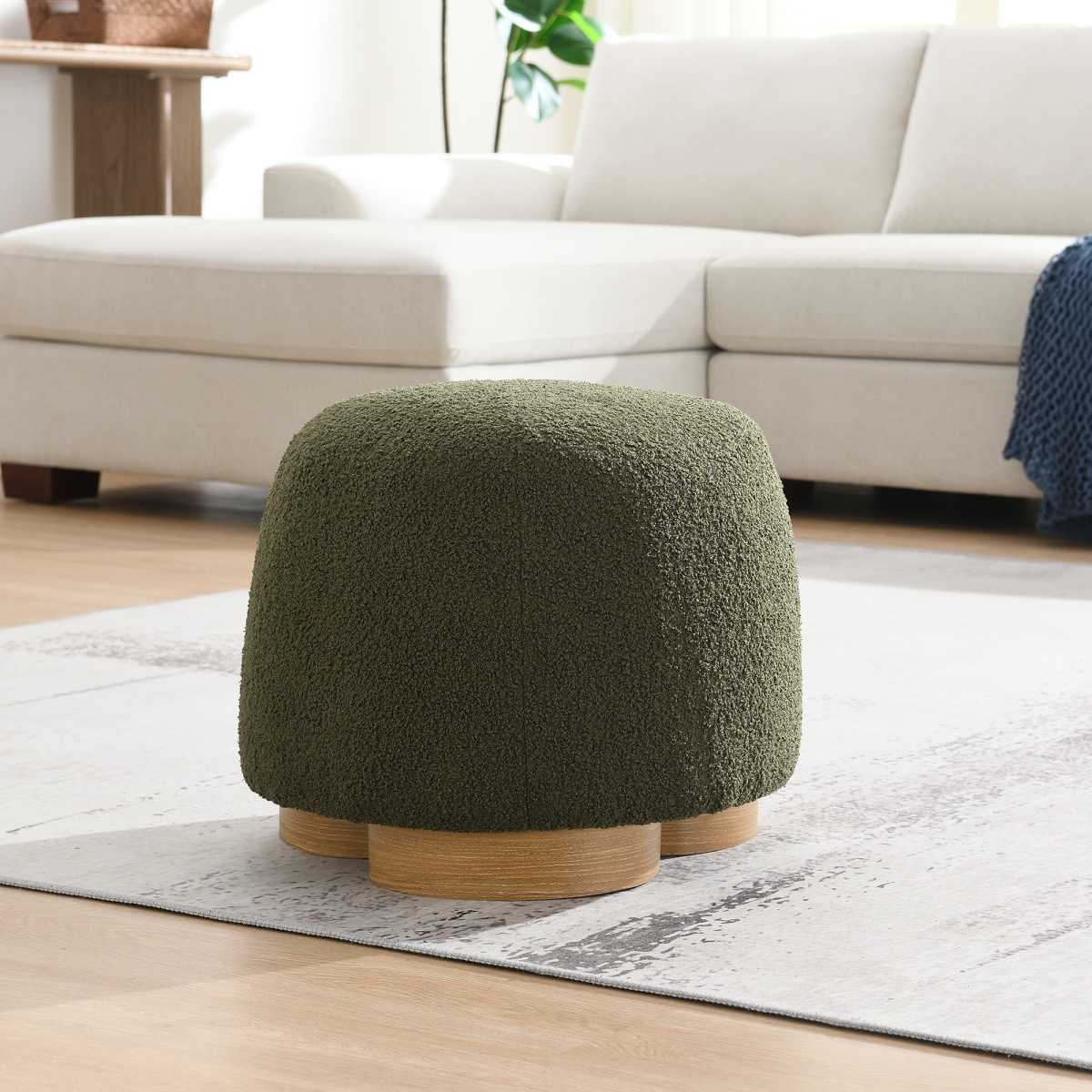 Maison Boucle - 20-in Green Boucle Round Ottoman with Wood Base Fully Assembled