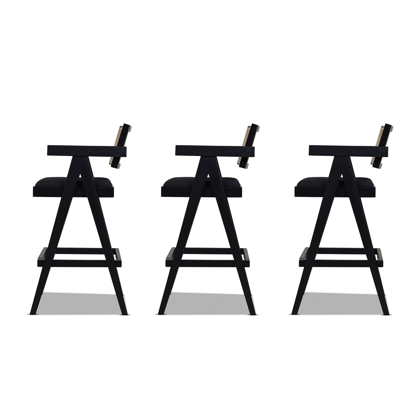 Milan Ebony Black Bouclé & Natural Wood Bar Stool Set of 3