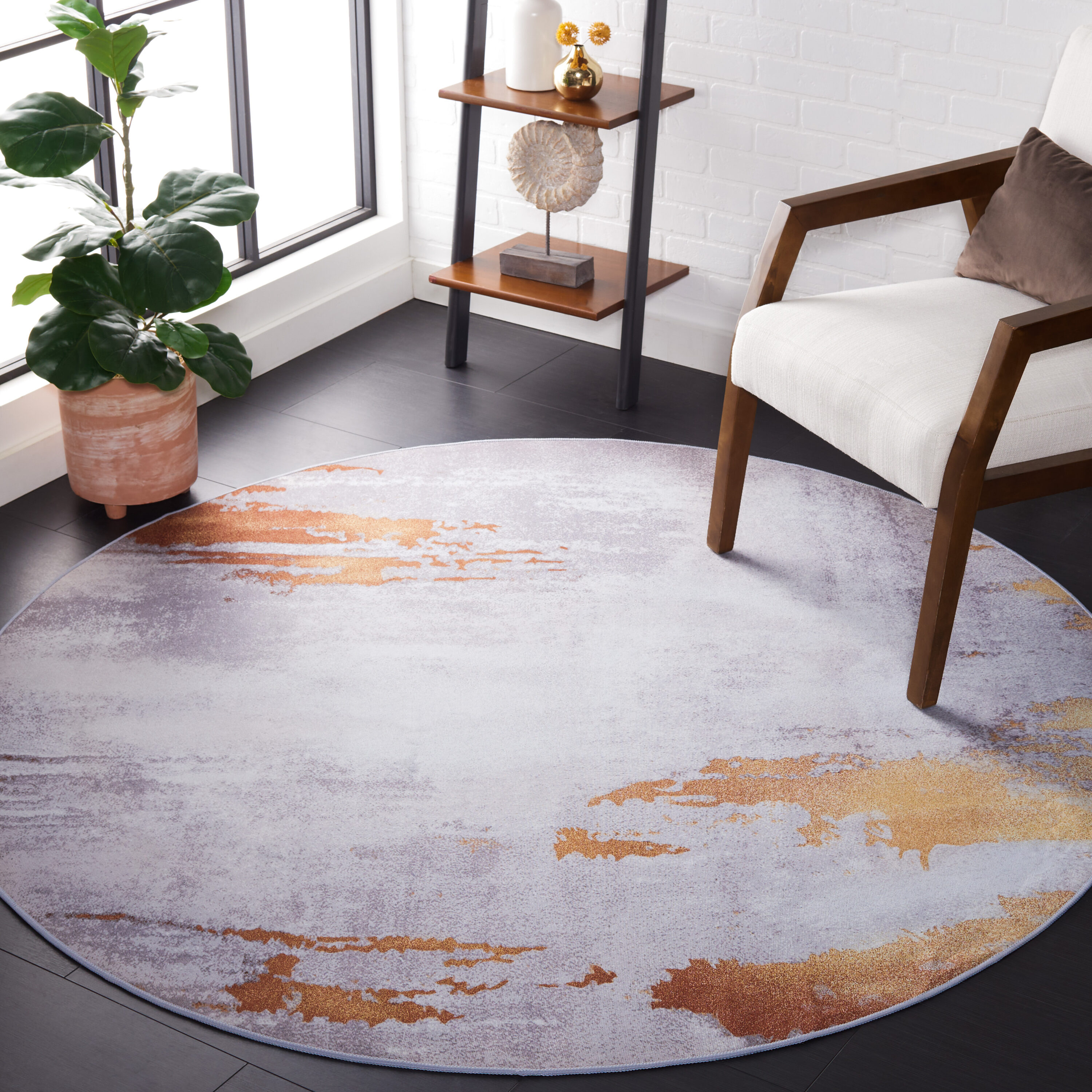 Safavieh TAC801P-6R Tacoma 6 x 6 (ft) Loomed Polyester Gray/Rust Round Indoor Abstract Machine washable Area rug
