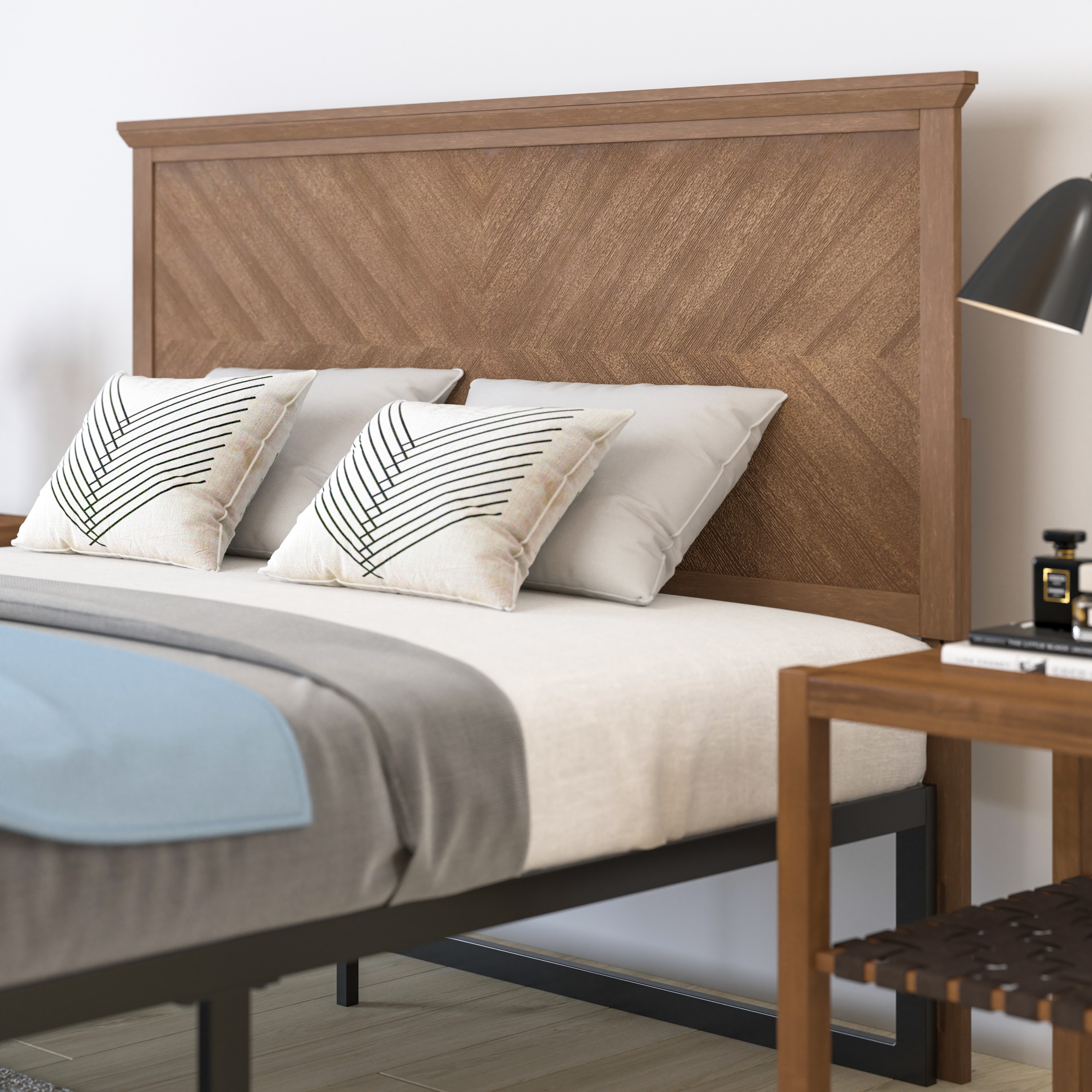 Merrick Lane Marta Queen Size Herringbone Wooden Adjustable Headboard in Light Brown