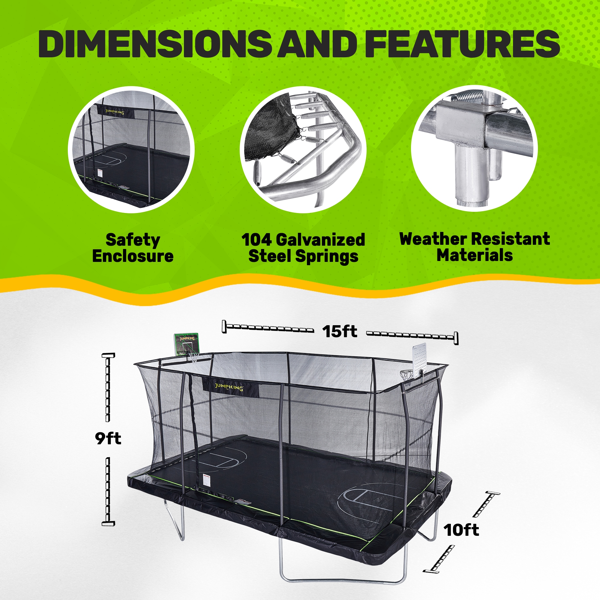 Black Rectangular Steel Trampoline with Enclosure and Basketball Hoop