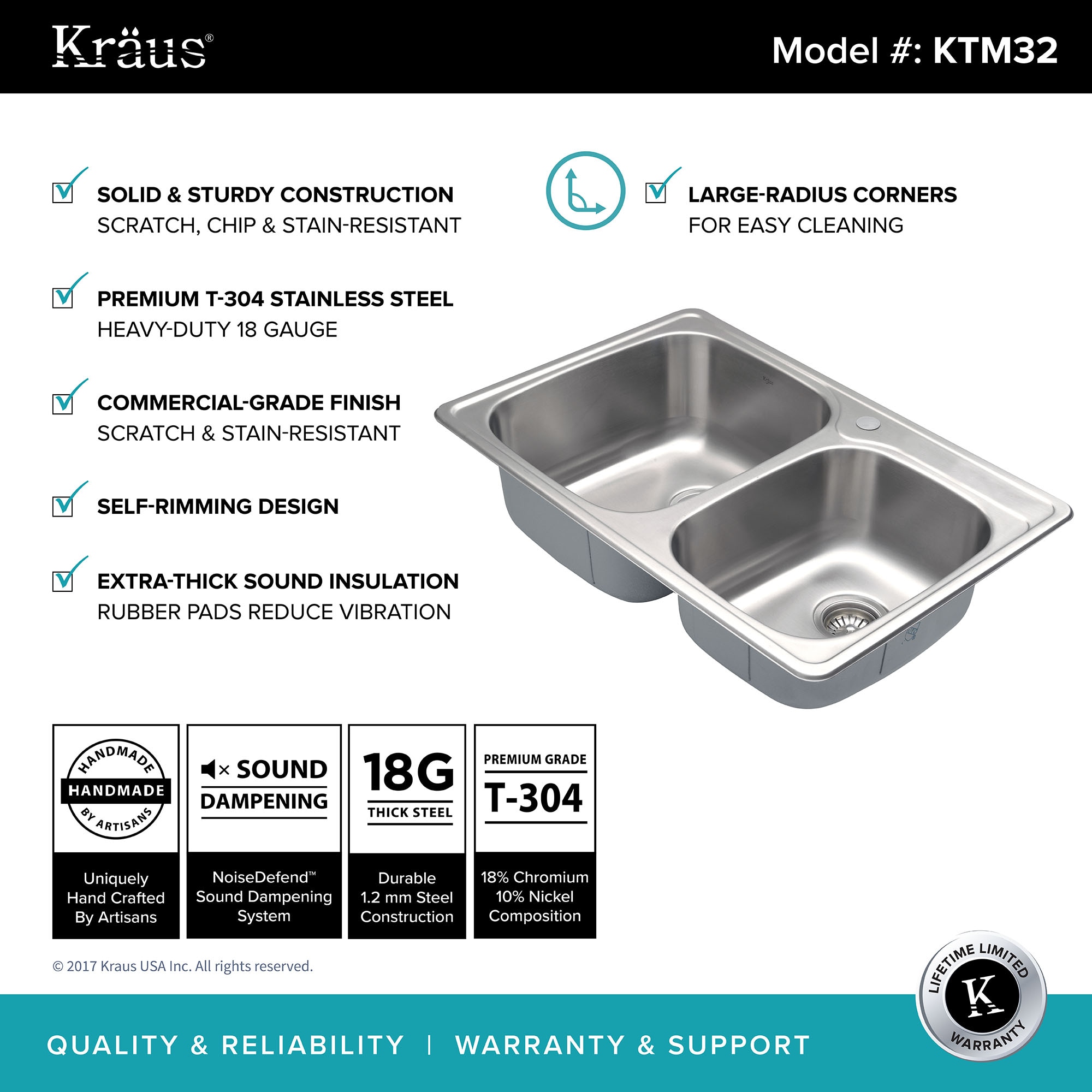 Kraus KTM32 Premier Drop-in 33.13-in x 22-in Stainless steel Double offset bowl 1-Hole 18 -Gauge Kitchen Sink