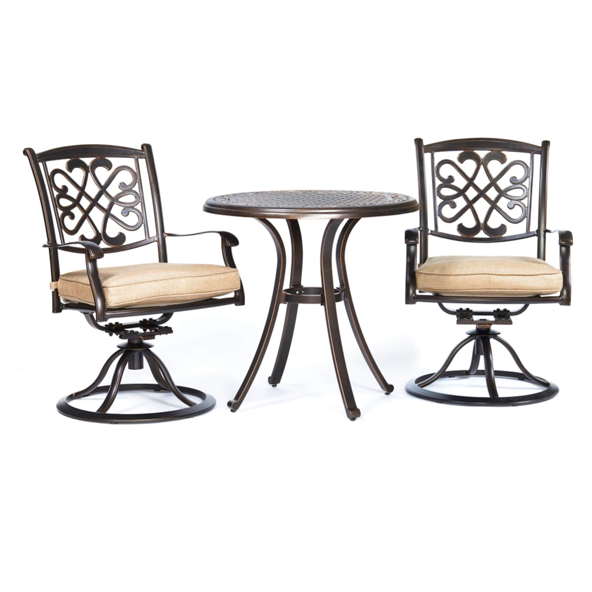 CASAINC CA-IVYR51-ST 3 -Piece dark gold Patio Dining Set Aluminum Round Table with 2 Off-white Cushions Swivel Chairs