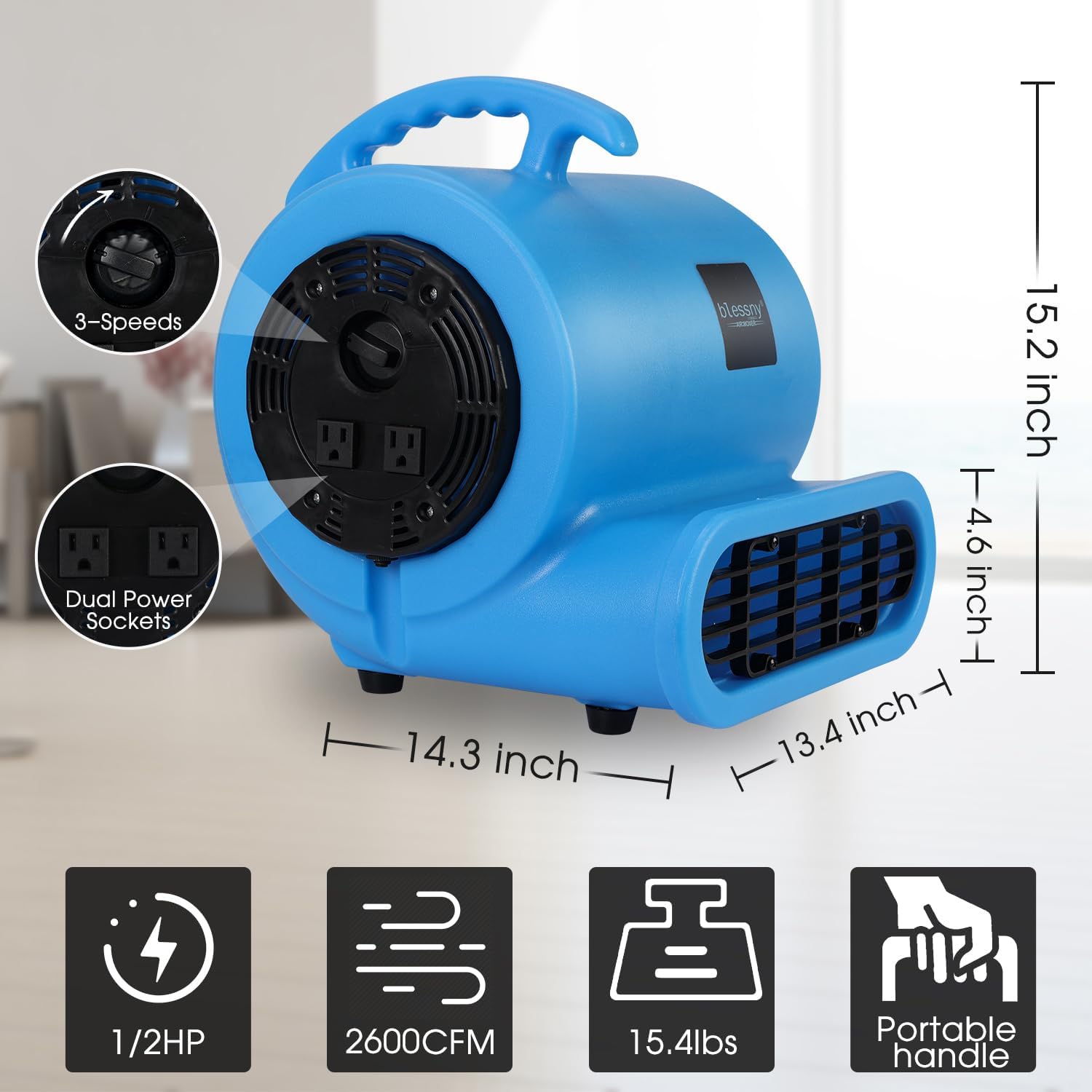 blessny ETL Listed Carpet Dryer Fan 2600 CFM Air Blower Mover for Home Drying 15 Ft Long Cord Portable Floor Blower Fan with 3 Speeds Daisy Chain Function Sansujyuku sansujyuku.com