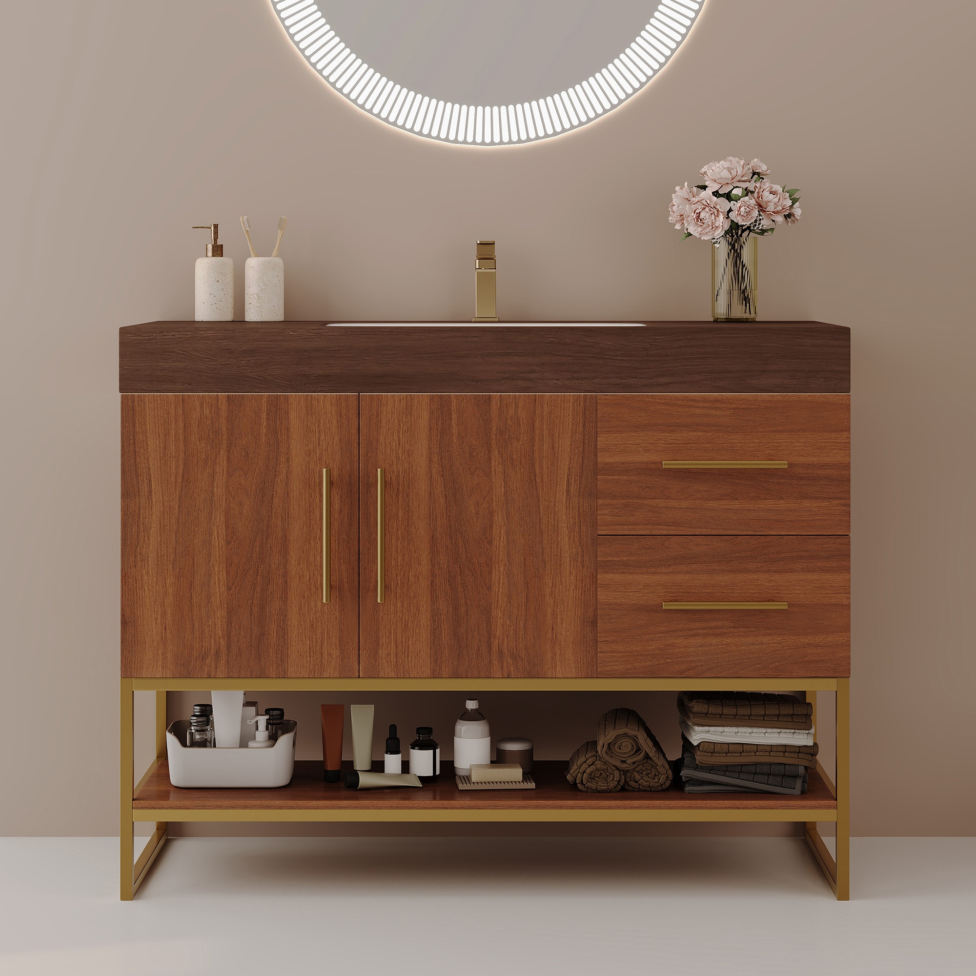 GDFStudio Luxury 36 in Freestanding Sintered Stone Bathroom Vanity with Seamless Ceramic Sink Open Storage and Soft-Close Drawers - Gold+Walnut Finish+White