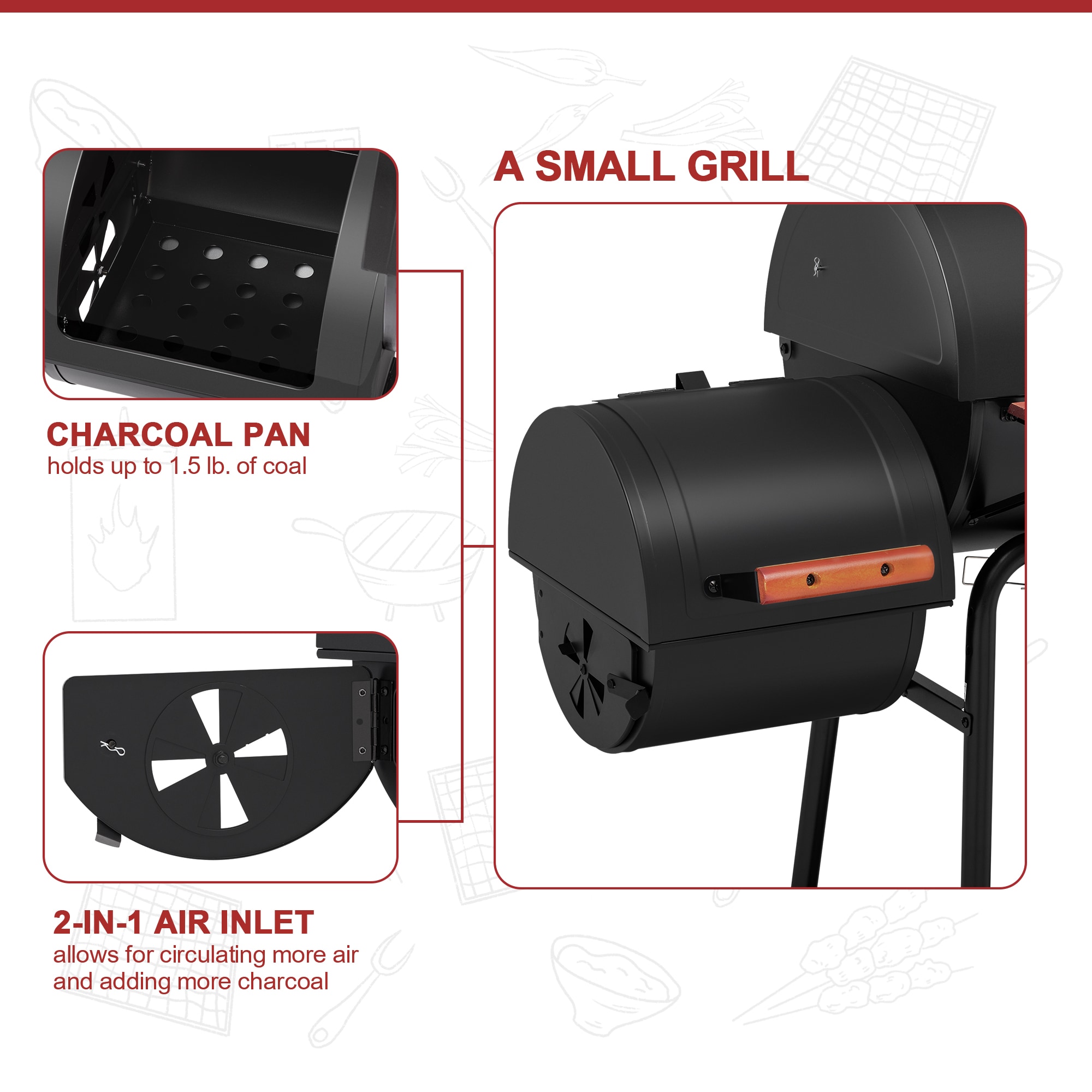 Charcoal Grill in Black with Offset Smoker and Side Table