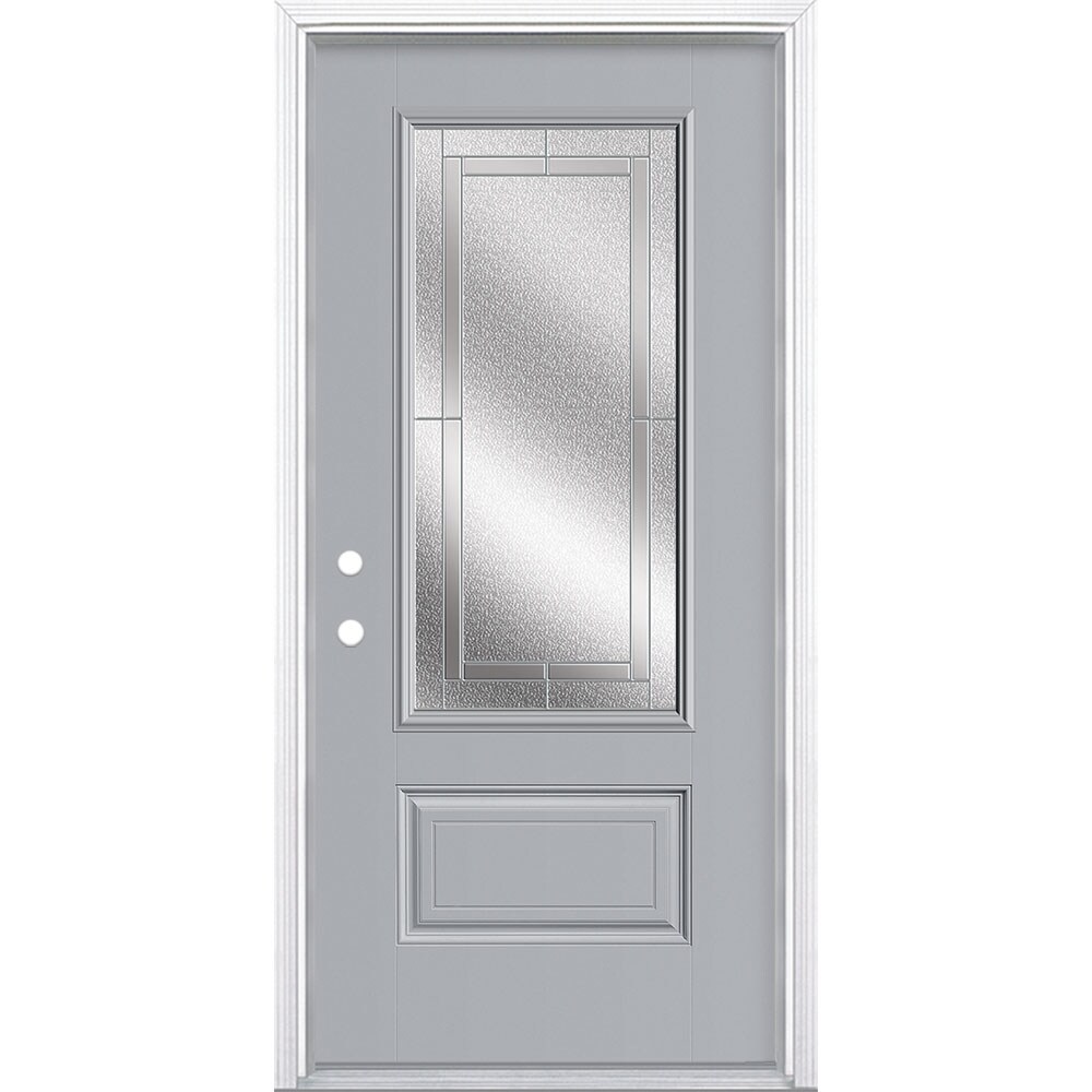 Masonite 3419878 Focus 36-in x 80-in x 4-9/16-in Fiberglass Full lite Right-hand inswing Infinity Gray Painted Prehung Single door Front Door with Brickmould Insulating core Decorative glass