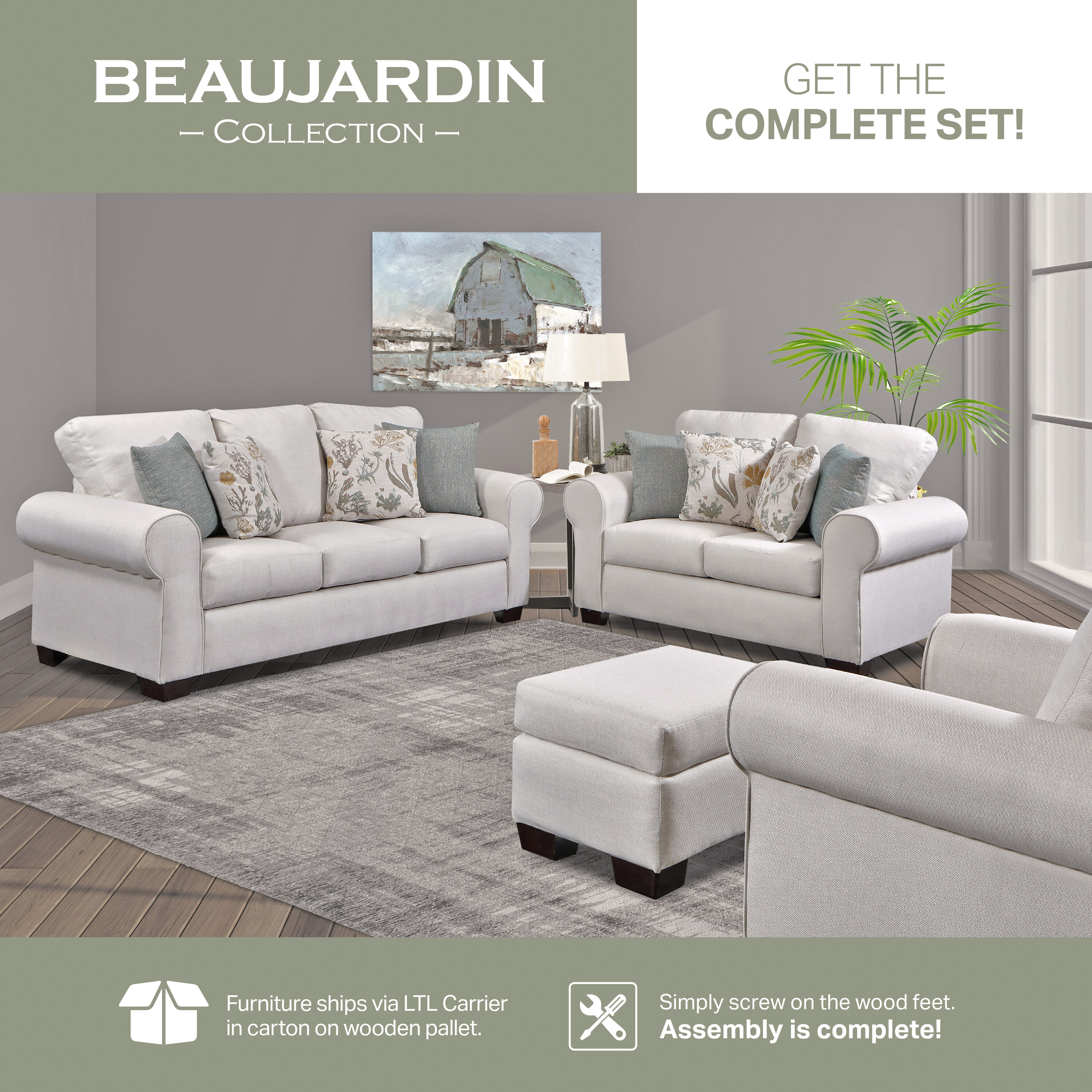 Cream Polyester Transitional 4-Piece Living Room Set