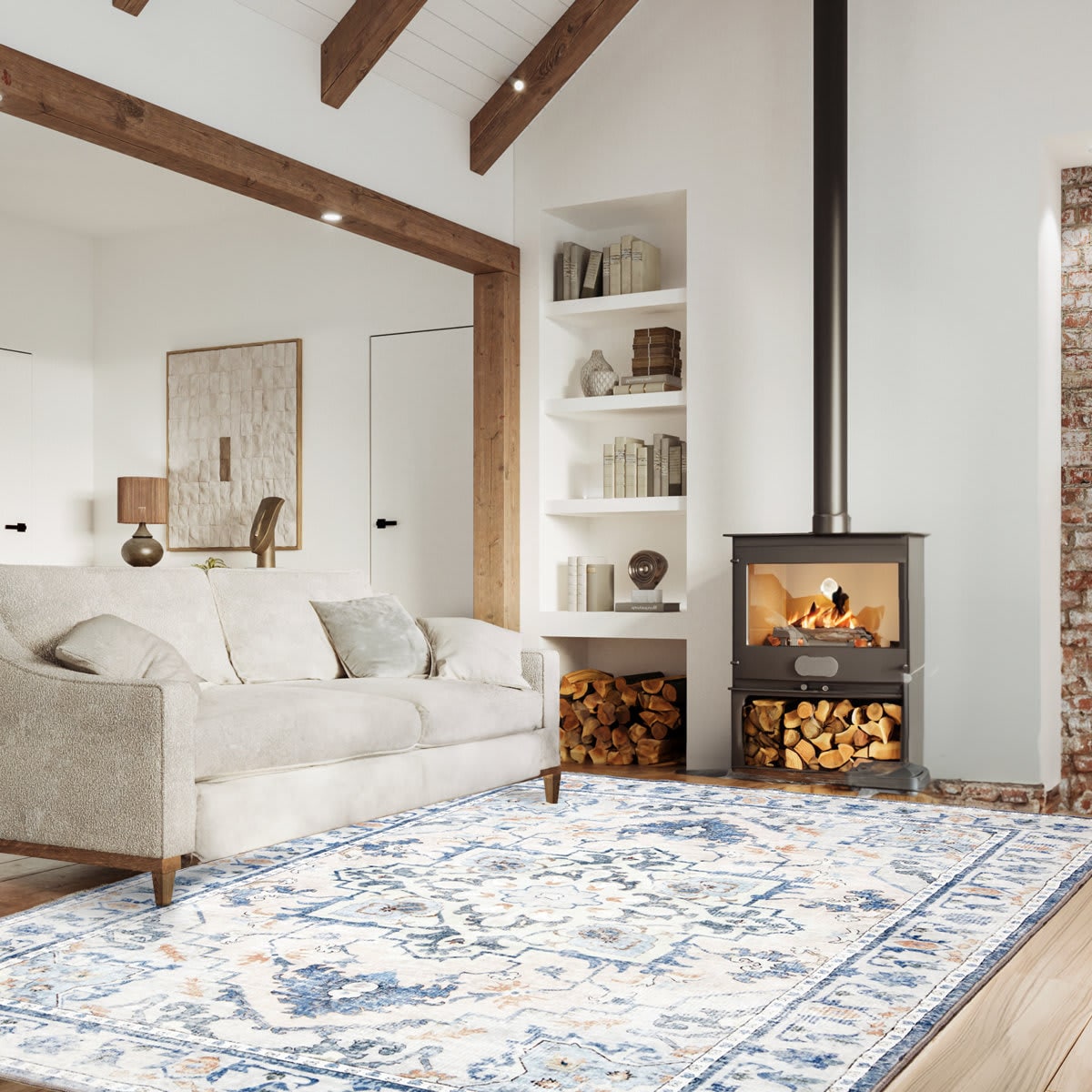 U-HOMY FY-010GY-HM 5×7 FT Oriental Ivory and Blue Area Rug With NonSlip Backing For High Traffic Area