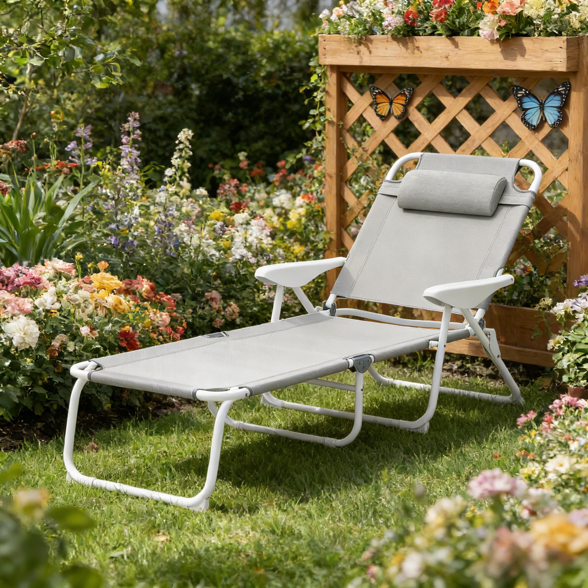 GDFStudio Carradine 63 in. Outdoor Coastal 4 Position Adjustable Backrest Folding Tanning Chair with Ergonomic Armrest and Extra Support Center Removable Padded Pillow Included - Light Gray