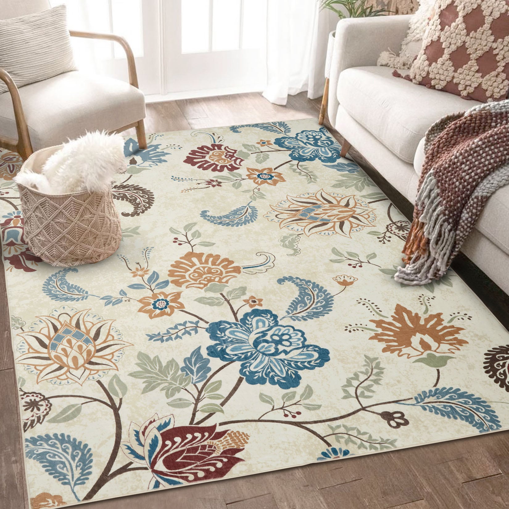 Garvee YXY-LO-PHO-0ZULHR2G 5 x 7 (ft) Polyester Beige Rectangular Indoor Floral/Botanical Vintage Machine washable Area rug