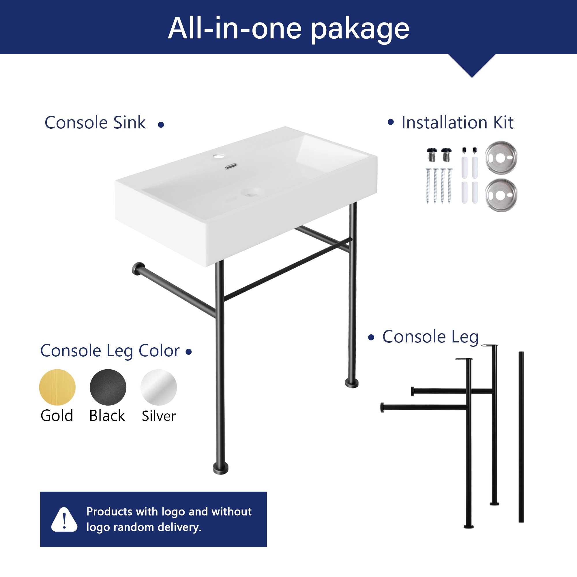 30" White Ceramic Console Sink with Black Stainless Steel Legs
