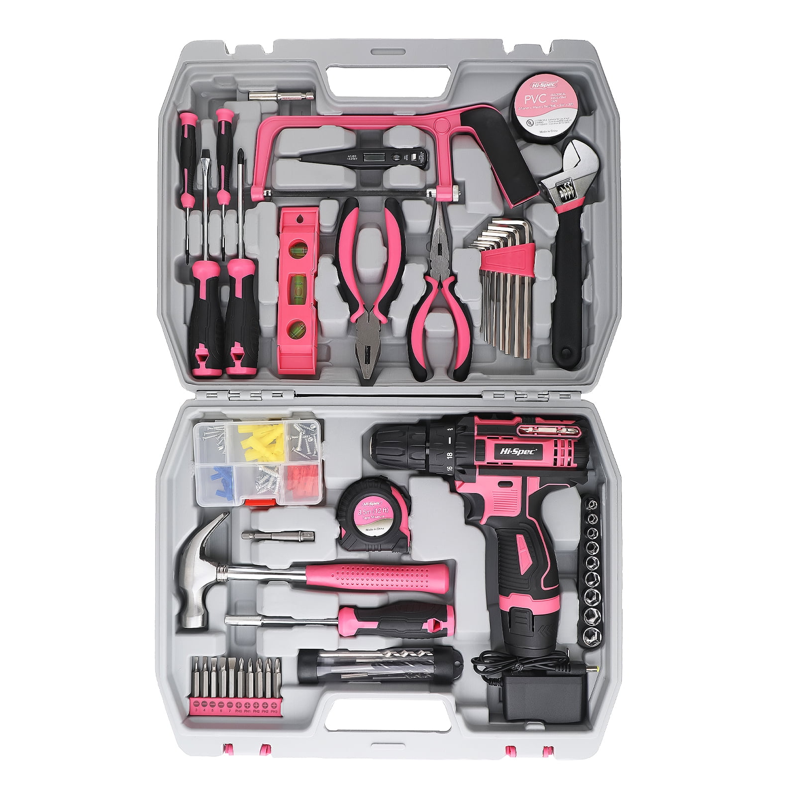 Fenbeli 121-Piece Mechanics Tool Set with Cordless Drill and Case for Car Repair Pink