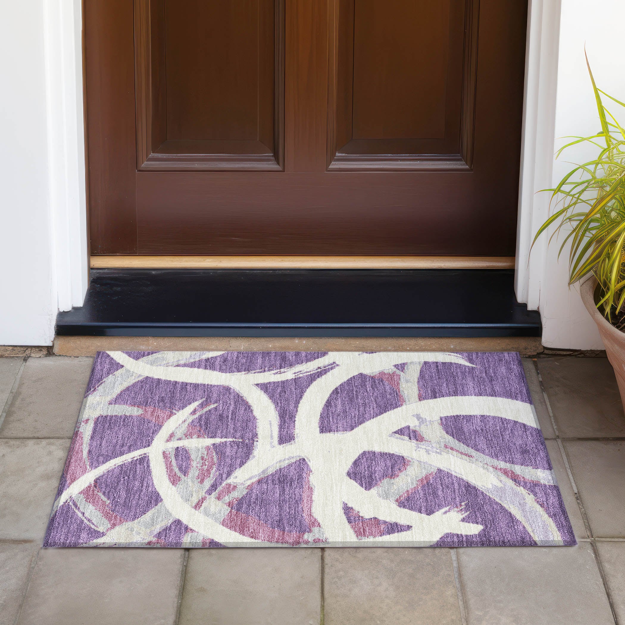 Purple and White Rectangular Synthetic Washable Rug